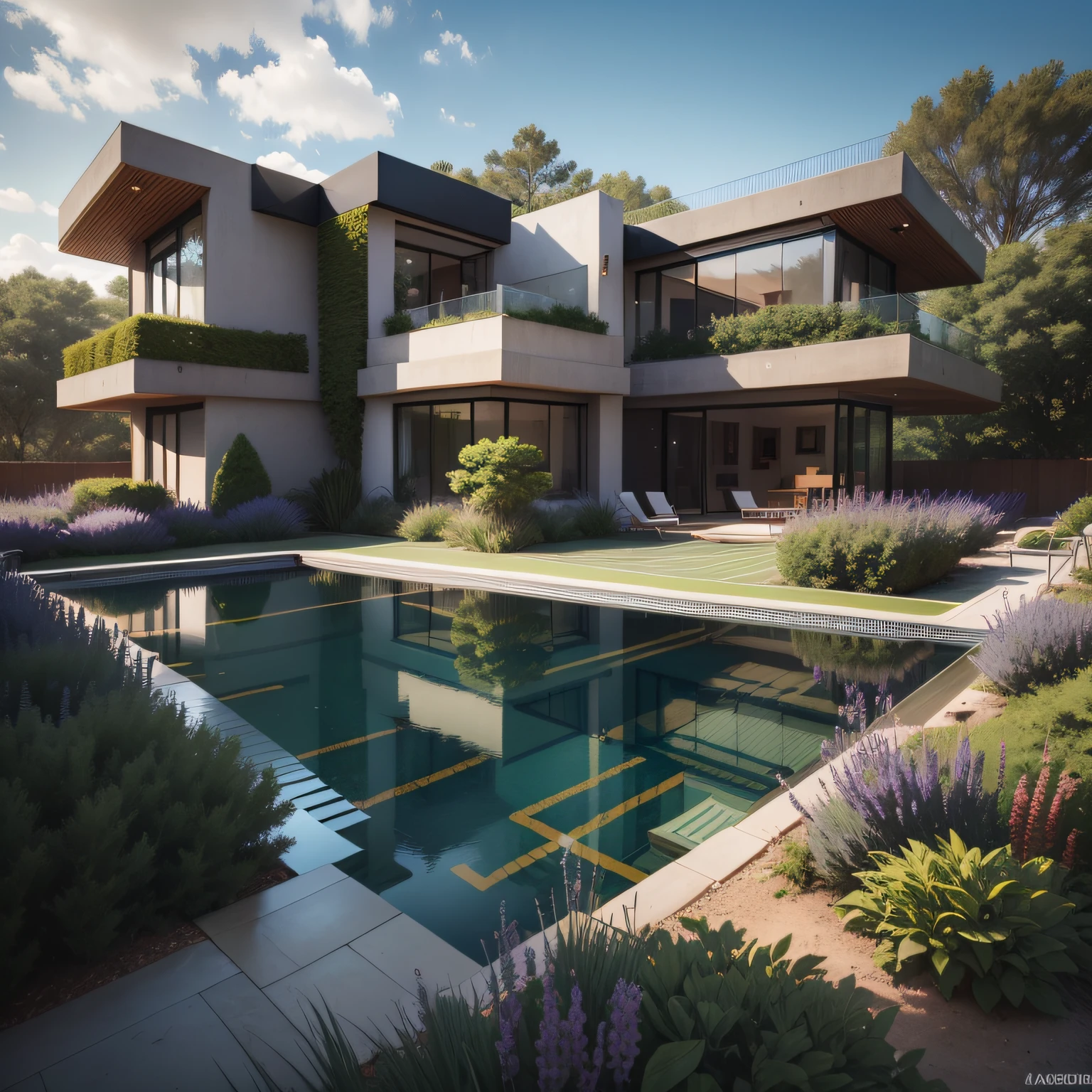 Organic modern architecture on a fairly large plot, from , there is a swimming pool in the middle of a large house of a flower, color of the house in chocolate brown and black beams, large modern residence, flat roofs and garden, render luxcore, render oktane, a photorealistic rendering, architectural rendering, mantra rendering, architectural rendering, realistic rendering, architectural visualization, wellness pool,  Architectural visualization, large green zones, with small zones of lavender flowers, green shrubs type lush green garden, as well as small water mirrors, swimming pool embedded in an area of sand, olive and pine trees around the house, paddle court next to the house