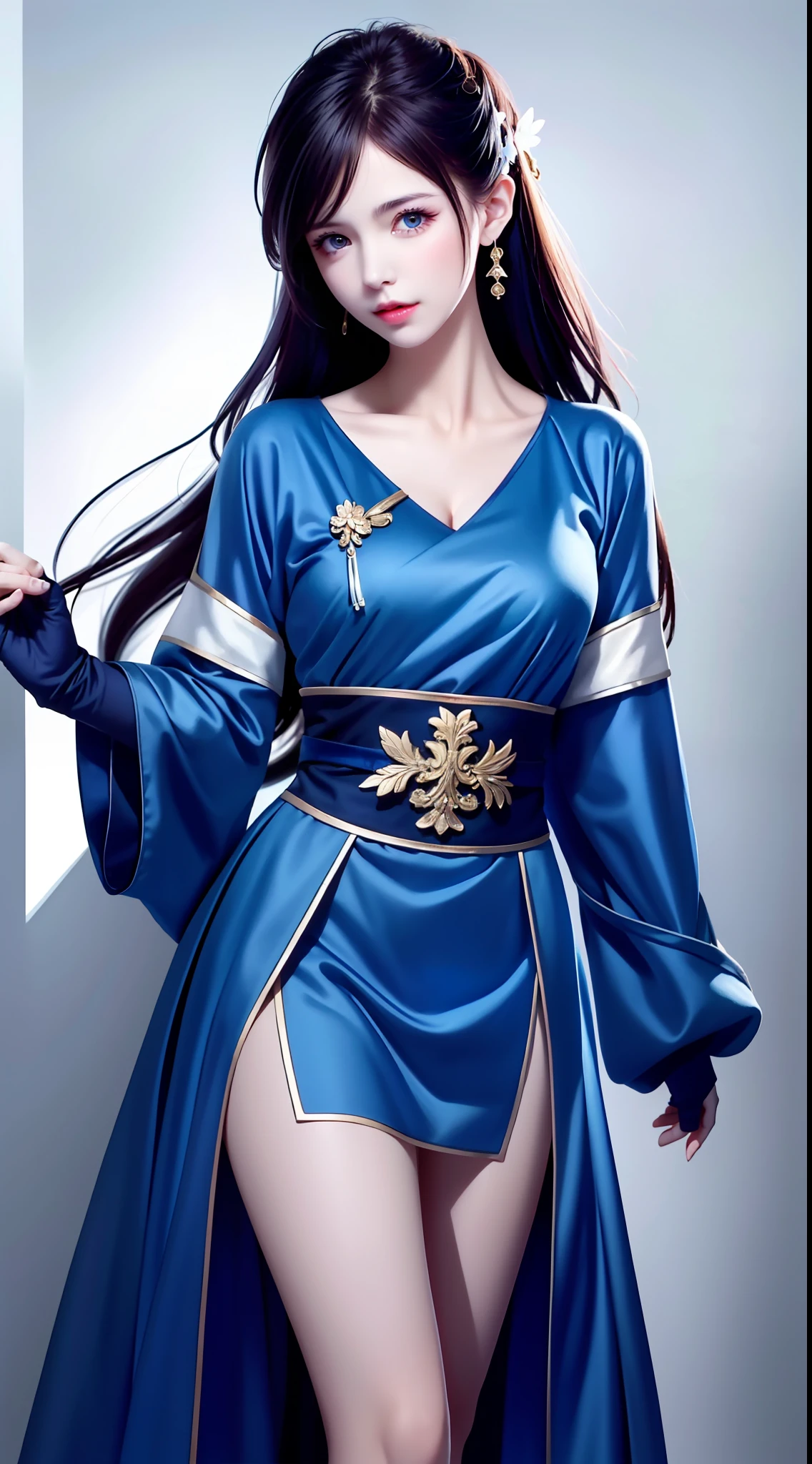 Hanfu, National Style 3.2, Full Body, Walking Posture, Slow Motion, Men Wear Full Body Multi-layered (Heavy Robe: 1.2), (Blue Ice Flower Long Dress: 1.2), Gloves, (Very Detailed, Bloom: 1.5), (Highest Quality, Alessandro Casagrande, Greg Rutkowski, Sally Mann, Concept Art, 4k), (Analog: 1.2), (High Definition), (Detail Pupil: 1.1), (Painting: 1.1), (Digital Painting: 1.1), Detailed Face and Eyes, Masterpiece, Best Quality, (Highly Detailed Photo: 1.1), 8K, Realistic, (Ice Hair Color, Dynamic Hairstyle), (pureerosface_v1:0.1), Jeremy Mann, Sandra Chevrier, Maciej Kuciara, Sharp, (torn body: 1.1), realistic, realistic shadows, (ice background: 1.2), (Michelangelo), ohwx style<lora: (style of ohwx) masterpiece, best quality, (extremely detailed CG unity 8k wallpaper, masterpiece, best quality, ultra-detailed, best shadow), (detailed background), (beautiful detailed face, beautiful detailed eyes), High contrast, (best illumination, an extremely delicate and beautiful), (girl:1.5), ((Not relevant)), ((caustic)), dynamic angle, beautiful detailed glow, (portrait:0.2),dynamic angle, beautiful detailed glow, (portrait:0.2),pigtail,full body,