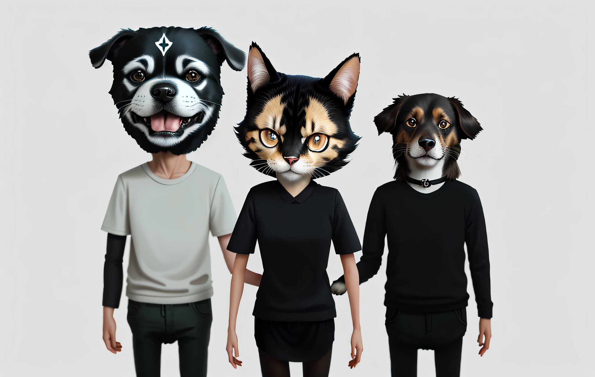 there are three people and a dog standing next to each other, human-animal hybrid, pet animal, characters merged, three animals, in cartoon style, pets, by Ivan Ranger, with dogs, cat dog hybrid, 3 heads, anthropomorphized, by Silvia Dimitrova, posing in disguise among humans, funny illustration