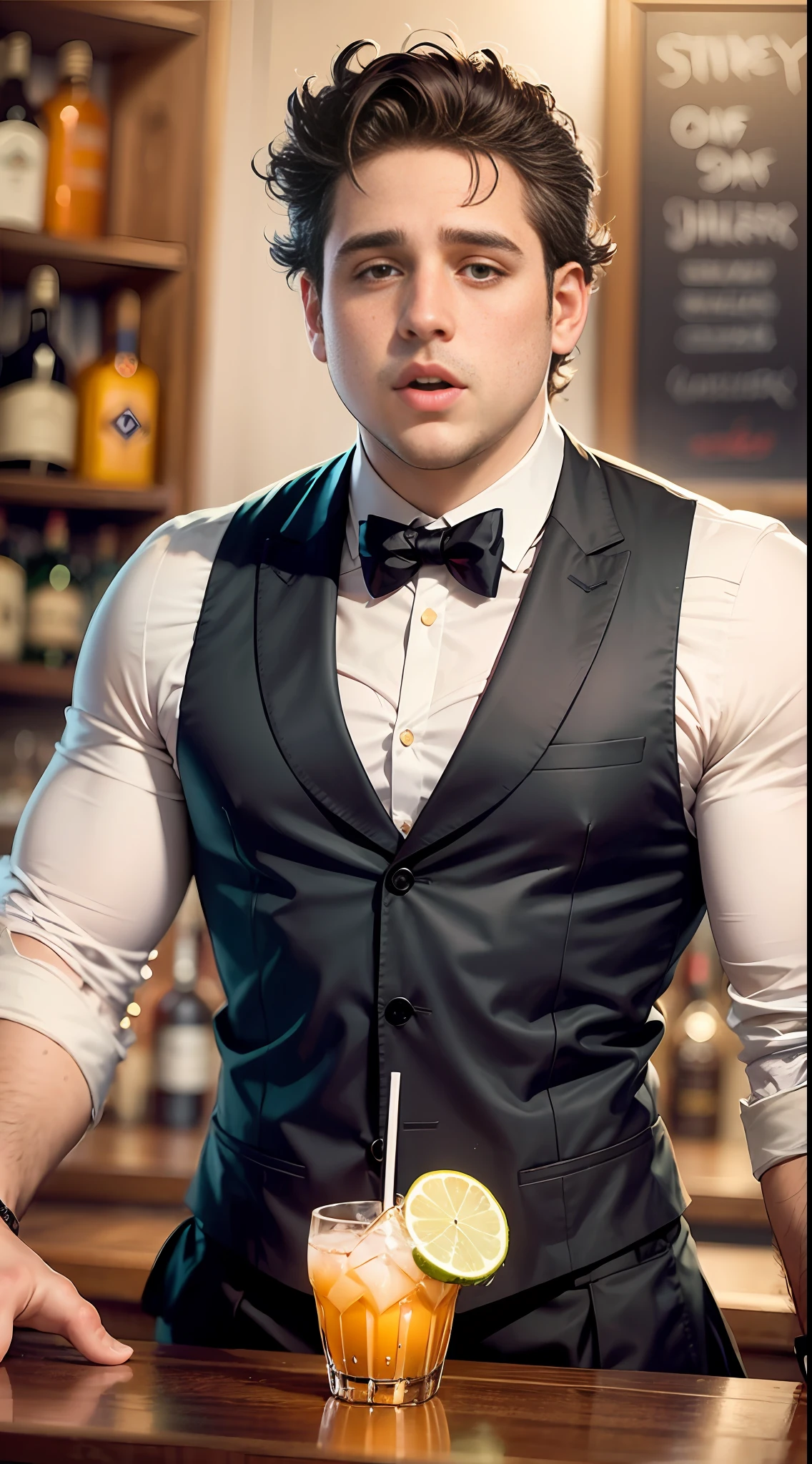29 year old Australian bartender, short curly hair, hair like Jonah hill, clean shaven, dressed as a bartender, tray with drinks, stubble