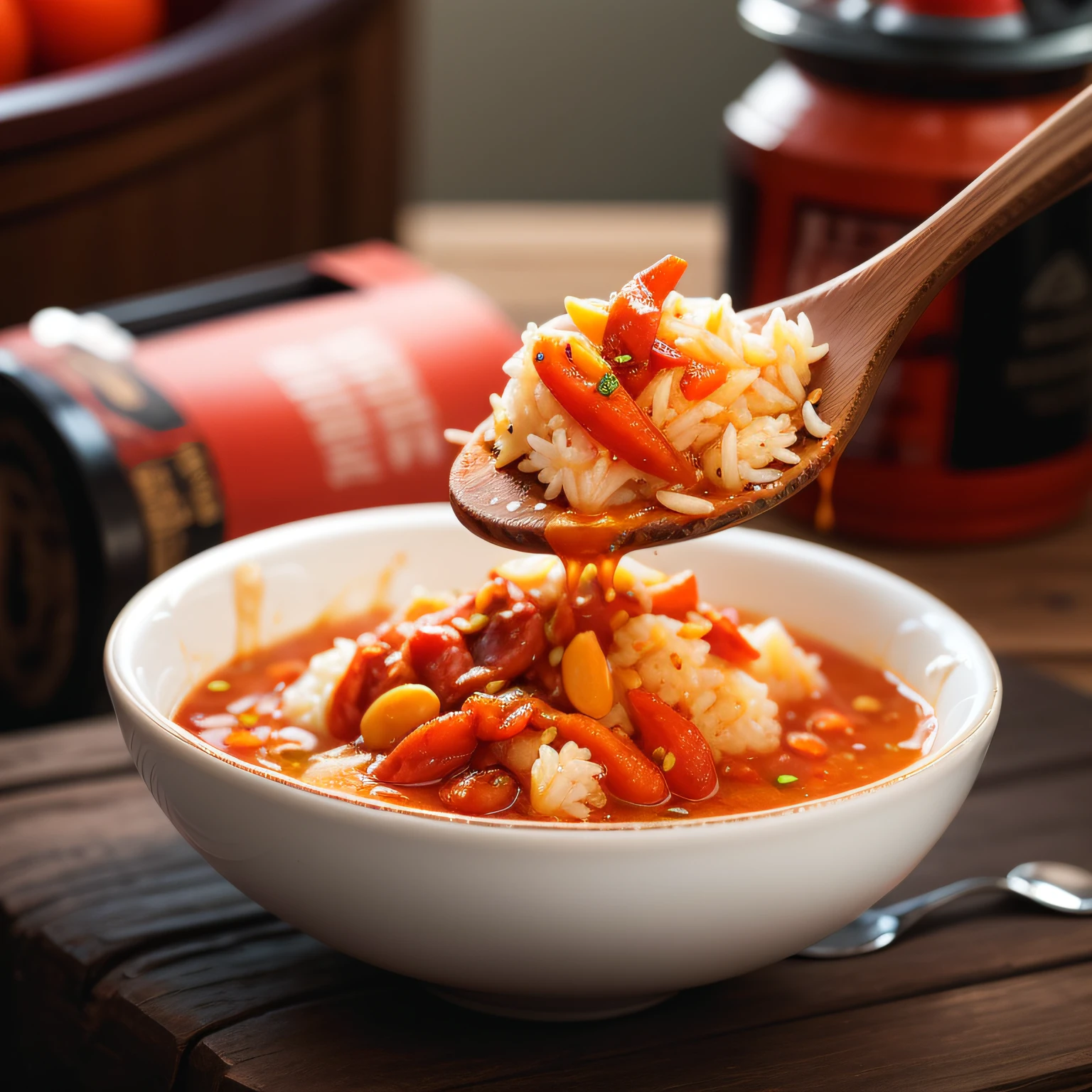 White,Rice,Chili sauce,spoon,bowl, --auto