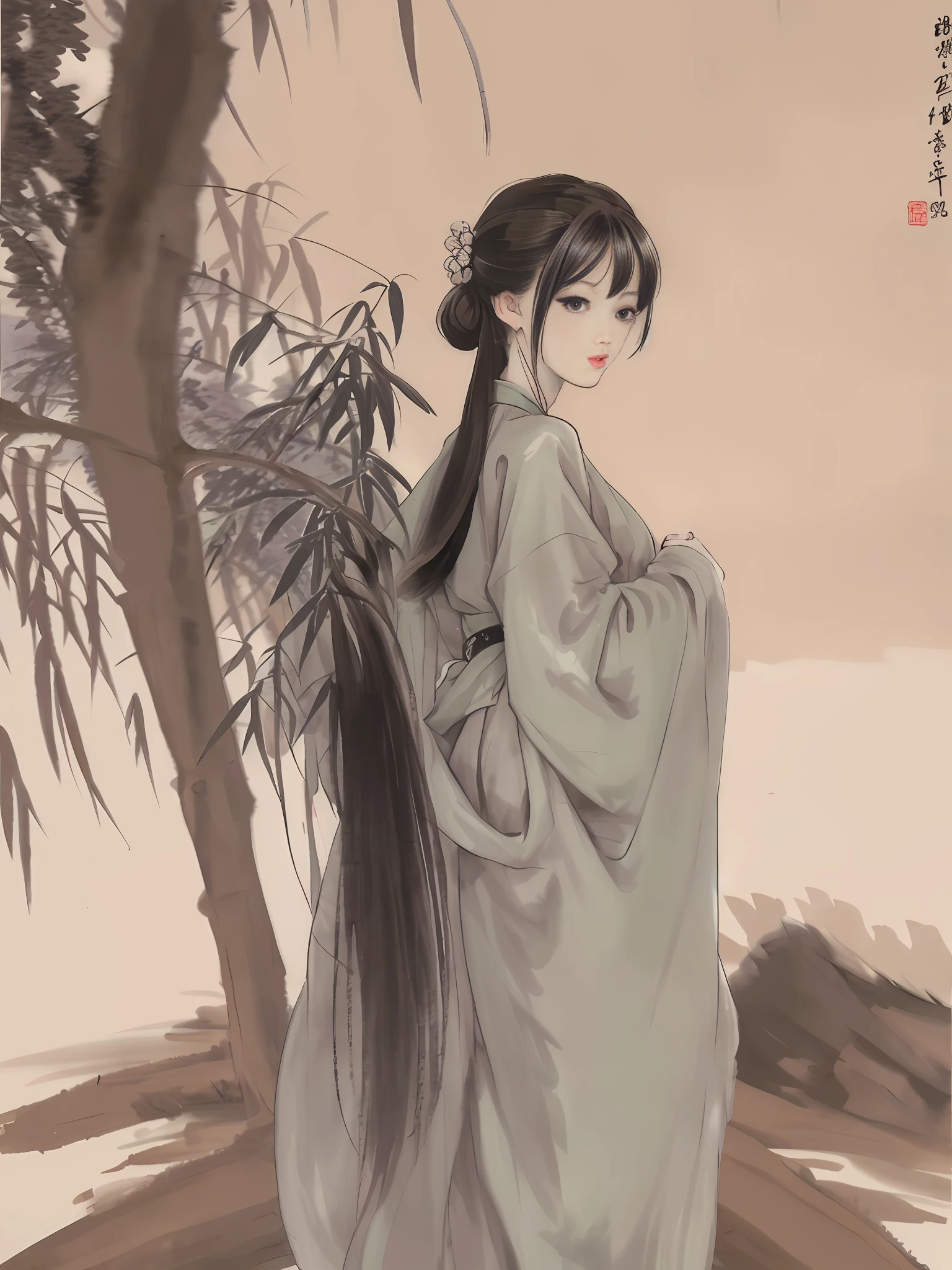 (Masterpiece, best quality: 1.2), traditional Chinese ink painting, 1 woman, standing, looking back, hanfu, willow branch, (smiling), looking at the viewer,