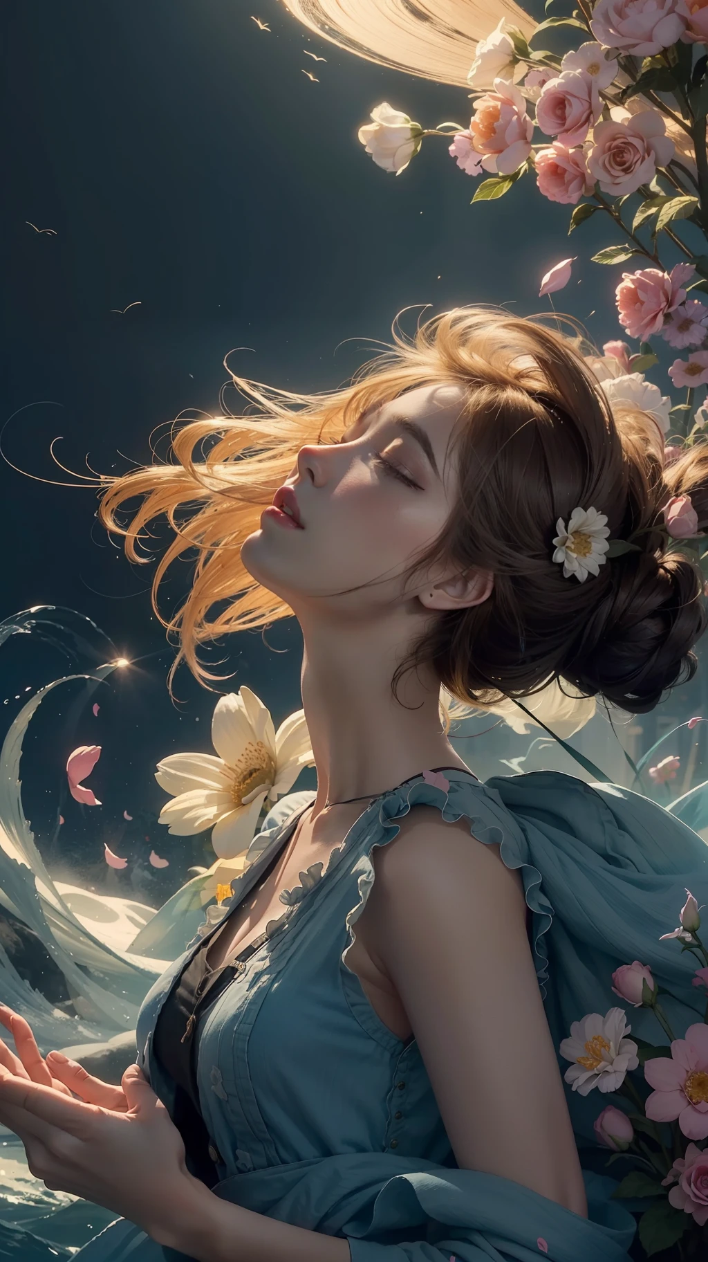 official art, ultra detailed, beautiful and aesthetic,beautiful, masterpiece, best quality, dynamic angle, cowboyshot, the most beautiful form of chaos, elegant, a brutalist designed, vivid colours, romanticism, by james jean, ashley wood, atmospheric, enjoy a stream of music, where you can visualize the notes ,ecstasy of flower, streaming musical notes visible, vintage flower style,rainbow-candy,style-swirlmagic