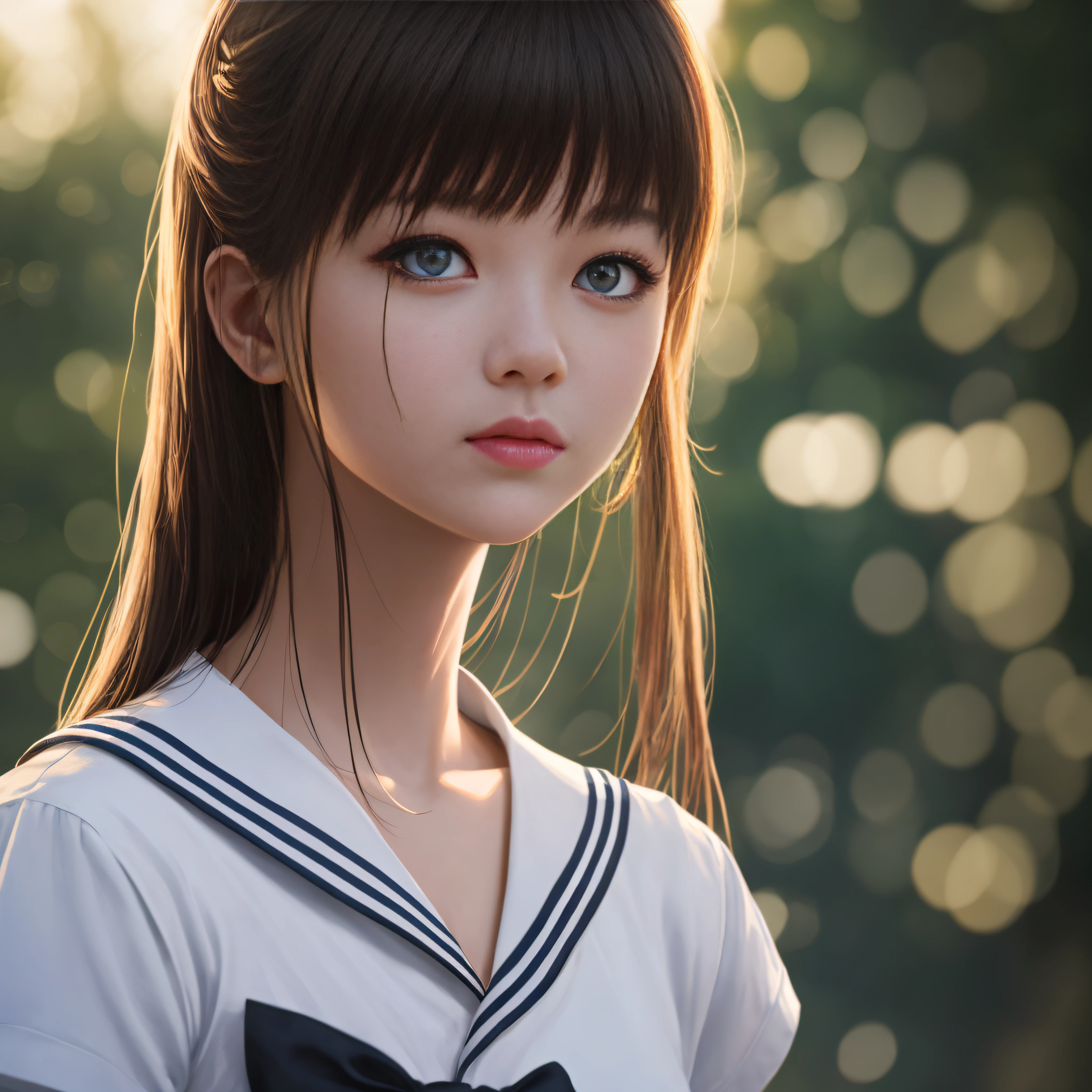 photos、Natural lighting、photo realism、Cinematic Rendering、raytracing、best-quality、Highest detail、Cinematic、Third Person View、Blur effect、Long Exposure、8K、ultra-hd、Natural lighting、Moody Lighting、Cinema tick writing、detailed backgorund、A girl、sailor clothing、school --auto