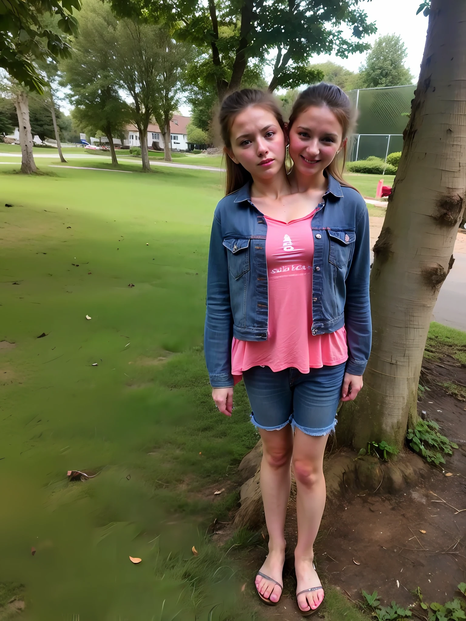2heads, two headed girl, (one torso:1.5), pale skin, Scottish redhead, teenager, white girls, (two heads on one body:1.4), (first head uncomfortable:1.5), (second head unhappy:1.5) conjoined twins, heads side by side, one torso, young, uncomfortable, barefoot