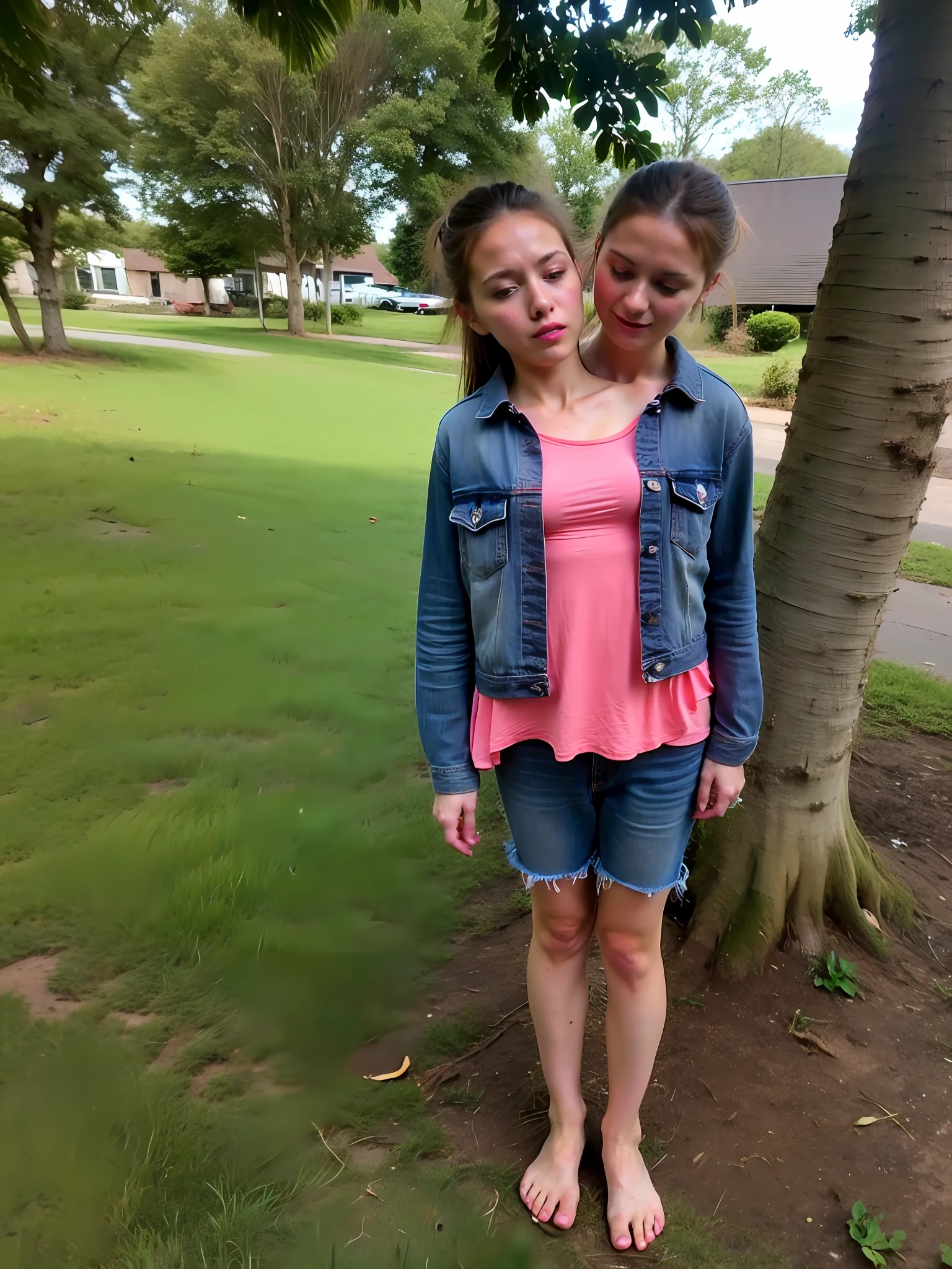 2heads, two headed girl, (one torso:1.5), pale skin, Scottish redhead, teenager, white girls, (two heads on one body:1.4), (first head uncomfortable:1.5), (second head unhappy:1.5) conjoined twins, heads side by side, one torso, young, uncomfortable, barefoot