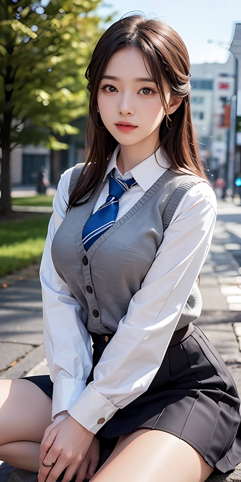 masterpiece, high quality, 8k, beautiful lighting, 1girl, solo, akane, white shirt, sweater vest, black vest, blue necktie, outdoors, upper body, skirt, grey skirt, cowboy shot, looking at viewer, sitting,