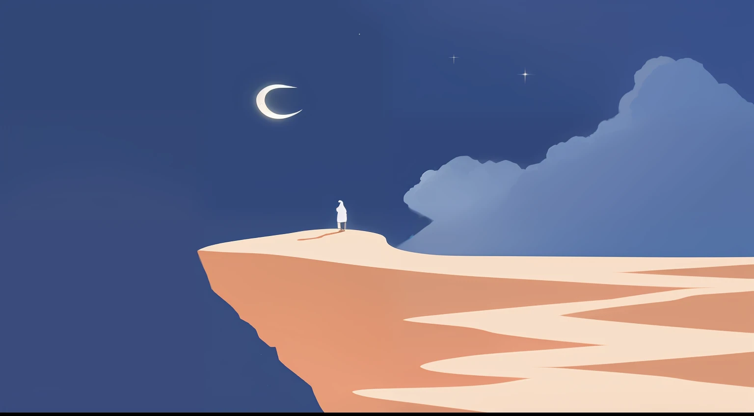 illustration of a man standing on a cliff looking at the moon, calm night. digital illustration, looking at the moon, sitting on a moon, 2 d illustration, 2D illustration, standing on the moon, on an empty moonlit hill, a wanderer on a mountain, moon light in the top background, minimalist illustration, illustration!, illustration”, Simple illustration wallpaper 16k quality masterpiece,Best quality,high-quality,极其详细的CG unity 8k壁纸,16K quality:14:24 (unparalleled masterpiece,Ultra-realistic 8k CG,Perfect artwork,
