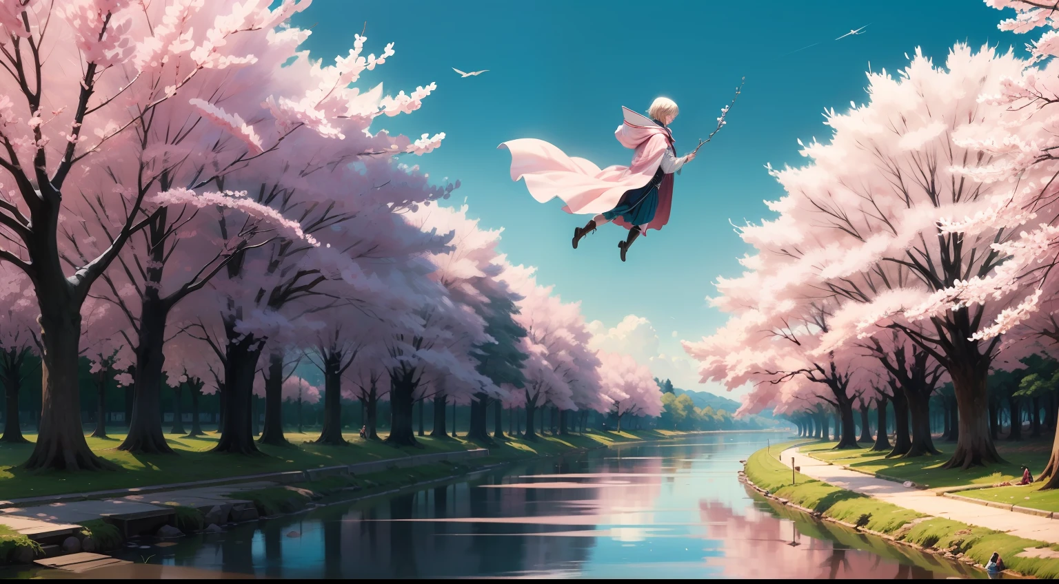 On the river、Cherry trees on both sides、Woman in cloak flying in the sky、
