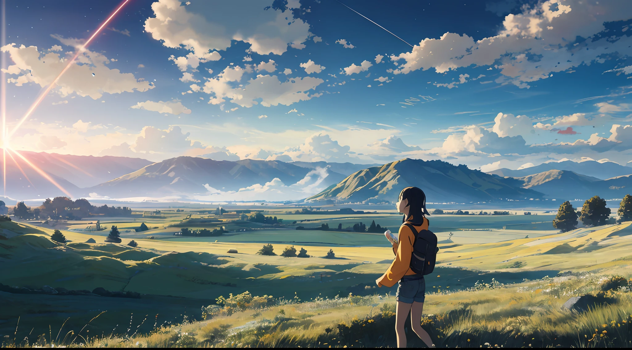 The vast sky, beautiful skyline, large grasslands, extremely tense and dramatic pictures, moving visual effects, the high-hanging Polaris, and colorful natural light. A long-sleeved top, denim shorts, and a girl with a backpack.