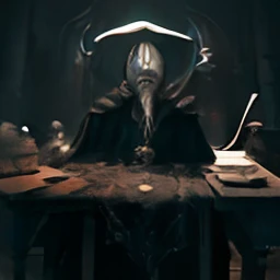 A man sitting at a huge black stone table, fantasy dark art, eerie art style, dark fantasy style art, in style of dark fantasy art, Man in a cloak,(A white mask with a weird and funny smile:1.9)(Three tentacles stretched out from the gap between the robes:1.9)The first tentacle holds a weird book,The second tentacle holds a pen,The third tentacle holds some broken dolls, dark fantasy art, dark art style, eerie and grim art style, dark cloak, cloaked dark night, dark fantasy mixed with realism, Dark monsters