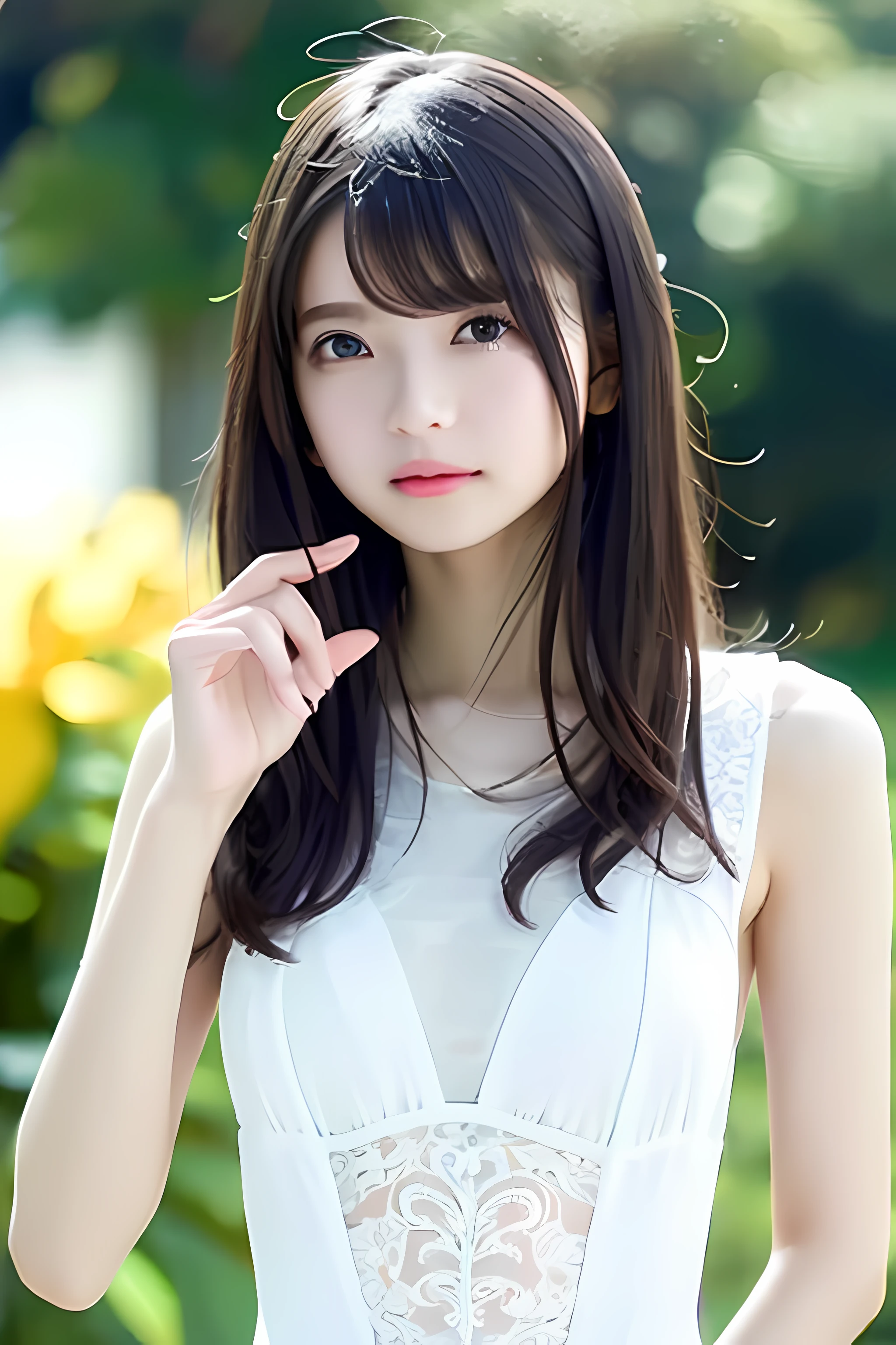best-quality、white-skinned、Real human skin、(Detailed)、Oval face、pores、ultra-high res、(8k、RAW Photography、photo-realistic:1.4)、1 girl、slimness、(A person who sees with calm and goddess-like eyes)Happiness:1.2)、(lip gloss、eyelash、Gross Face、best-quality、ultra-high res、Wide range of lighting、Natural shading)、(White lace see-through leotard adheres to the body without wrinkles、The color and shape of the and crotch are clearly reflected as if they are not wearing anything.)、Cityscape、Sunflower