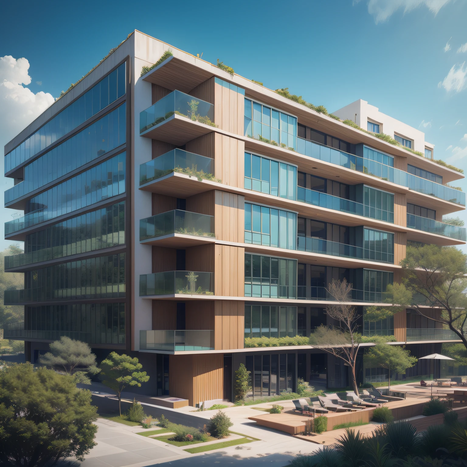 Futuristic architecture, building  of gray color, very long. architecture , a-cero architecture, architecture , 10-storey building with dark grey with glass bridges architecture, 20-storey brown concrete building imitating wood with architecture Award-winning architecture, 10-storey hotel building next to , with large balconies,  glass guard, building away from the others, surrounded by vegetation with 8 floors like turtle with wooden cover and all glazed around, intended for museum, partitions between rooms with slatted sand wood, large lawns with shrubs and rocks, beds with olive trees, alameda de cypresses, large long turquoise water pool wooden deck and lavender planters,  Greek statues scattered on the ground