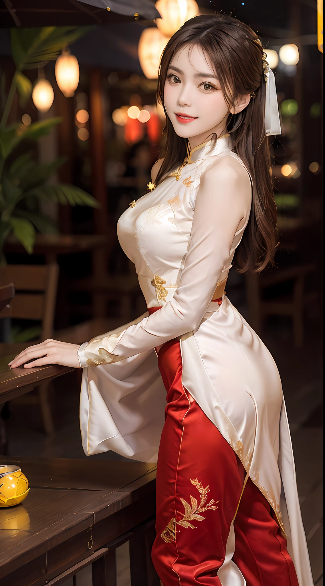 1 very pretty girl, solo, 27 years old, girl wearing bridal ao dai, long dress and hair jewelry, young girl wearing white ao dai, red and yellow silk pants, red and white hugging ao dai, thin ao dai fabric, wearing with ao dai, luxurious and mysterious dark color version, hair jewelry with many sophisticated patterns, head jewelry, red lips, thin and beautiful lips, captivating smile, beautiful details, detailed background detailed, super detailed, magic lighting, nice lighting effects, clear face, shoulder length hair, beautiful and well proportioned face, (transparent yellow eyes : 1.8), big round eyes and very beautiful and meticulous, wearing a silk dress, mysterious makeup, jewelry on ao dai, bangs flat and dyed in light yellow, medium-sized, even breasts, big buttocks, flat stomach, body curves perfect girl, girl's portrait, upper half, hanging, Real and alive, (stars: 1.7), (sky of the zodiac: 1.8), fiction , RAW photos, Vietnam Ao Dai photos, beautiful photos best, 8k, best quality 8k photo, surreal, most realistic,