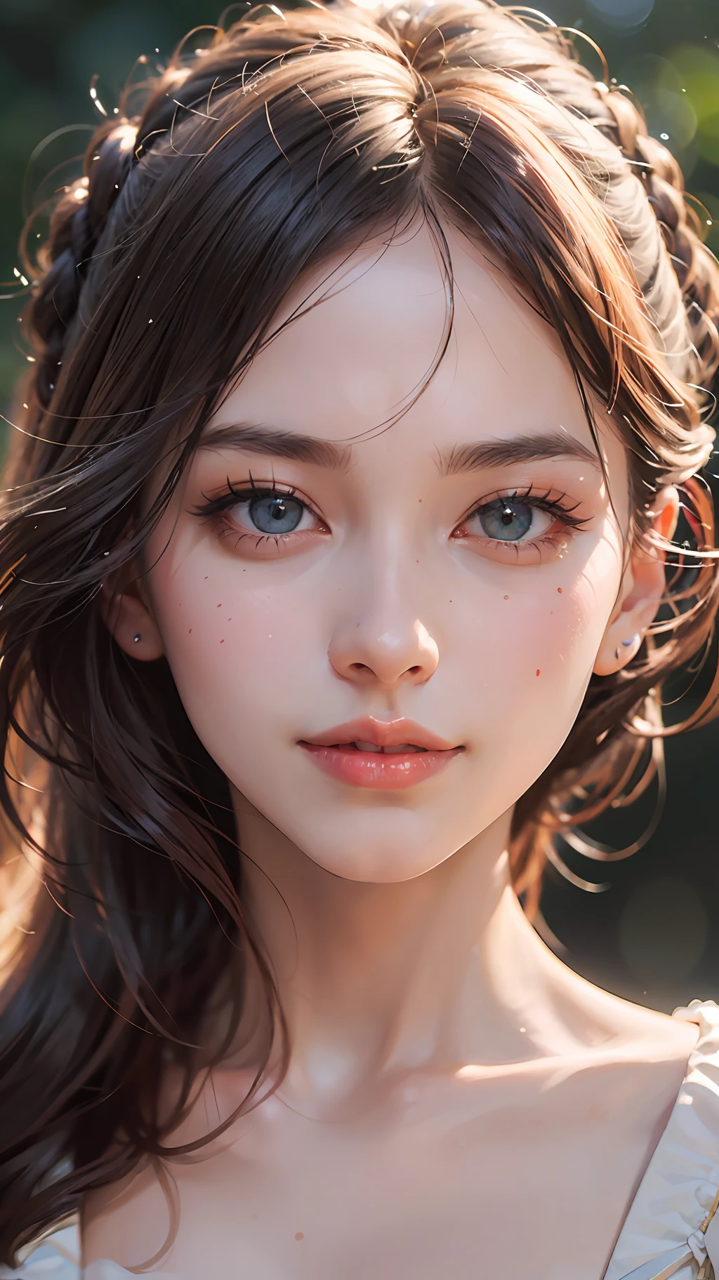 Chest-to-head, centered, (8k, portrait, photorealistic:1.25) ,( lipgloss, eyelashes, gloss-face, glossy skin, best quality, ultra highres, depth of field, chromatic aberration, caustics, Broad lighting, natural shading) looking at viewer with a serene and goddess-like happiness, fully clothes