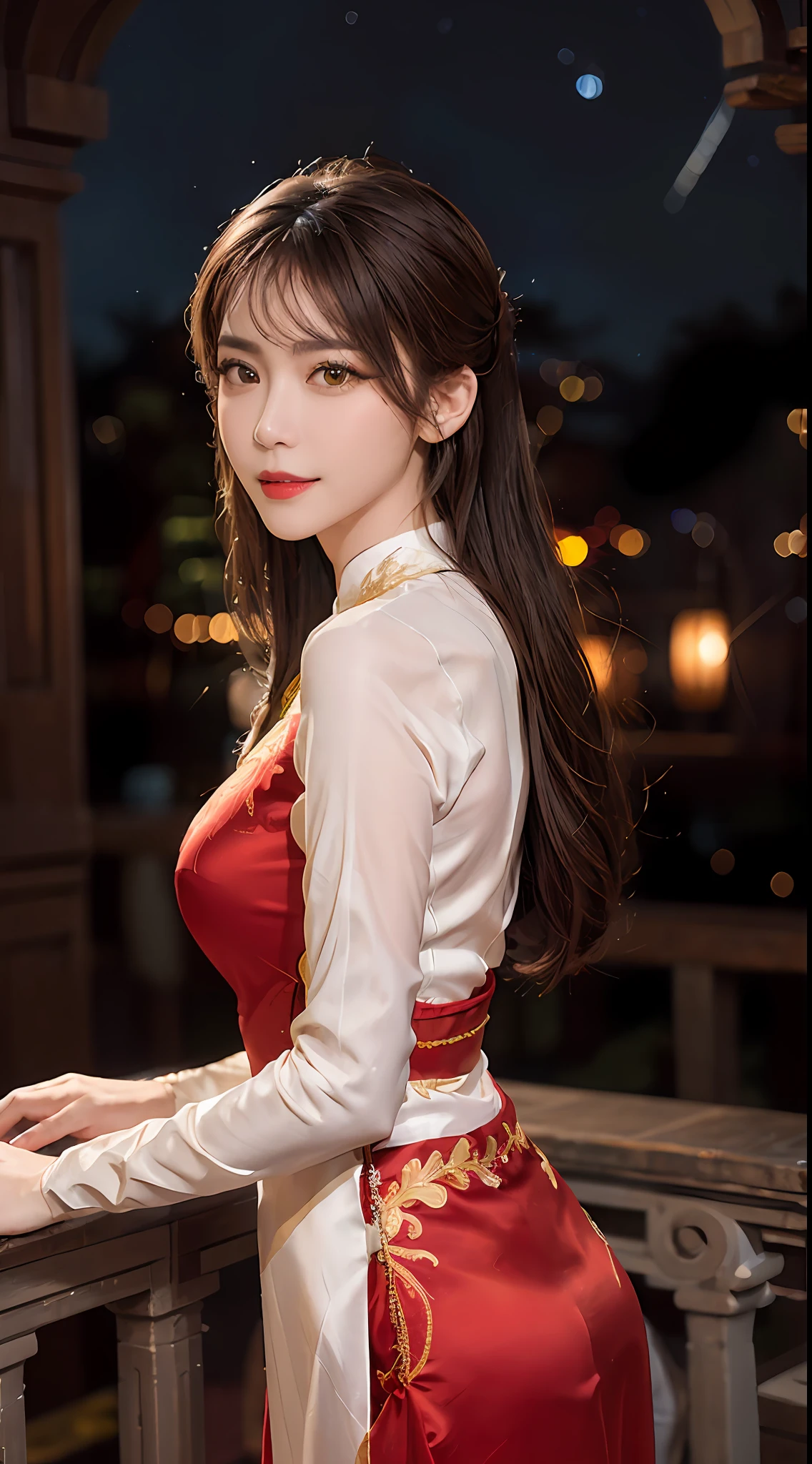 1 very pretty girl, solo, 27 years old, girl wearing bridal ao dai, long dress and hair jewelry, young girl wearing white ao dai, red and yellow silk pants, red and white hugging ao dai, thin ao dai fabric, wearing with ao dai, luxurious and mysterious dark color version, hair jewelry with many sophisticated patterns, head jewelry, red lips, thin and beautiful lips, captivating smile, beautiful details, detailed background detailed, super detailed, magic lighting, nice lighting effects, clear face, shoulder length hair, beautiful and well proportioned face, (transparent yellow eyes : 1.8), big round eyes and very beautiful and meticulous, wearing a silk dress, mysterious makeup, jewelry on ao dai, bangs flat and dyed in light yellow, medium-sized, even breasts, big buttocks, flat stomach, body curves perfect girl, girl's portrait, upper half, hanging, Real and alive, (stars: 1.7), (sky of the zodiac: 1.8), fiction , RAW photos, Vietnam Ao Dai photos, beautiful photos best, 8k, best quality 8k photo, surreal, most realistic,