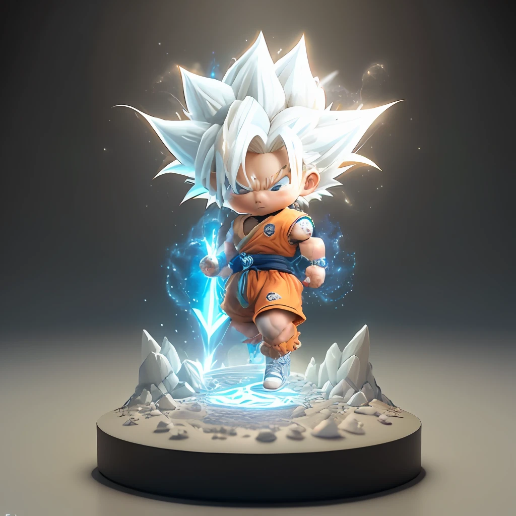 Goku, super saiyan, exquisite hair, arm depiction, white and blue hair body, exquisite shoes, eye depiction, exquisite hair, popmart blind box, clay texture, stepping on the land, black and white background, natural lighting, most good quality, super detail, 3D art, c4d, OC renderer, 3D rendering, 8k