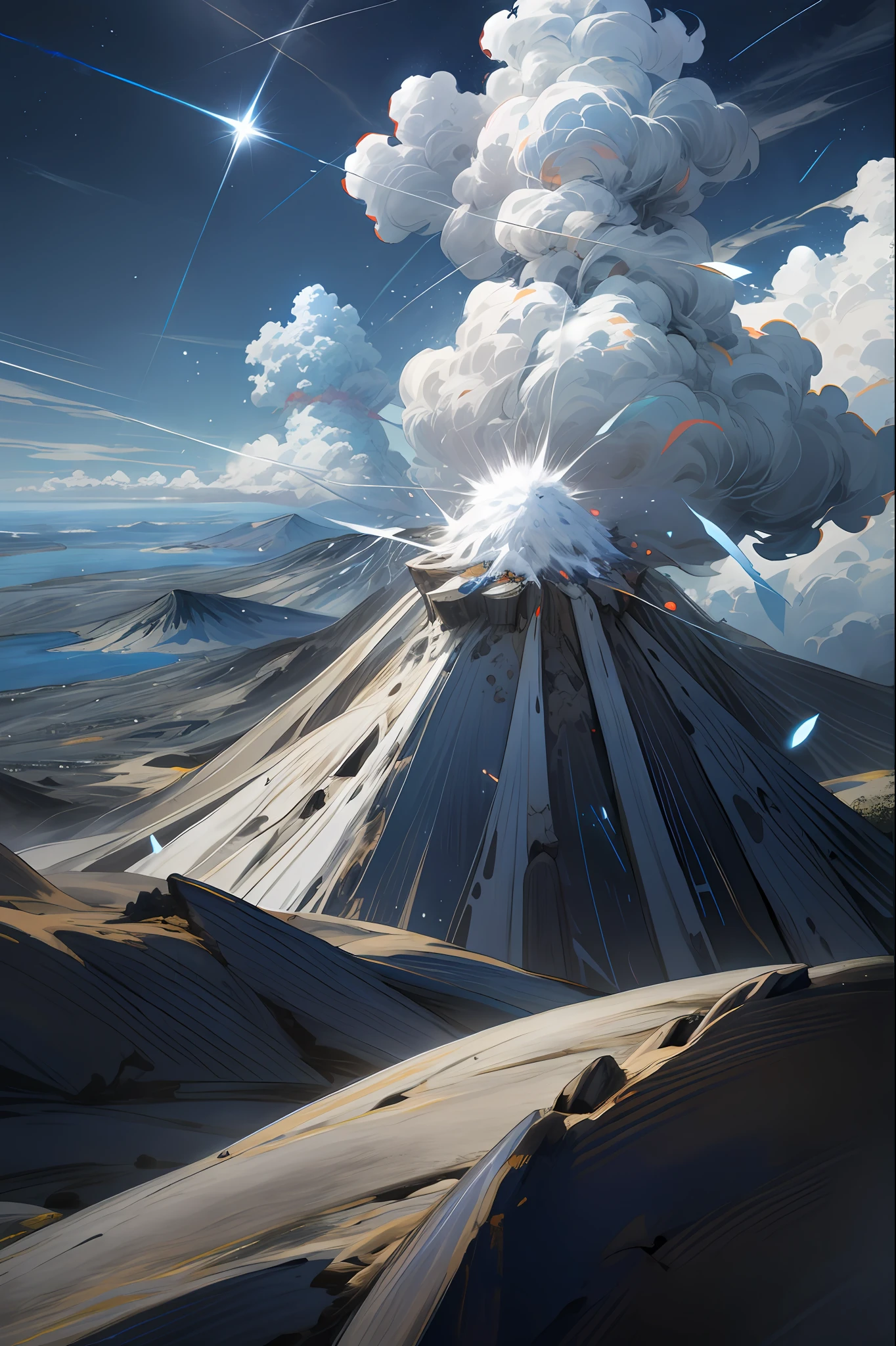 absurdres, (great composition), no_humans, landscape with Simultaneous Contrast, sandbar,savannah,volcano,crest, evening, little,wretched,willing,several