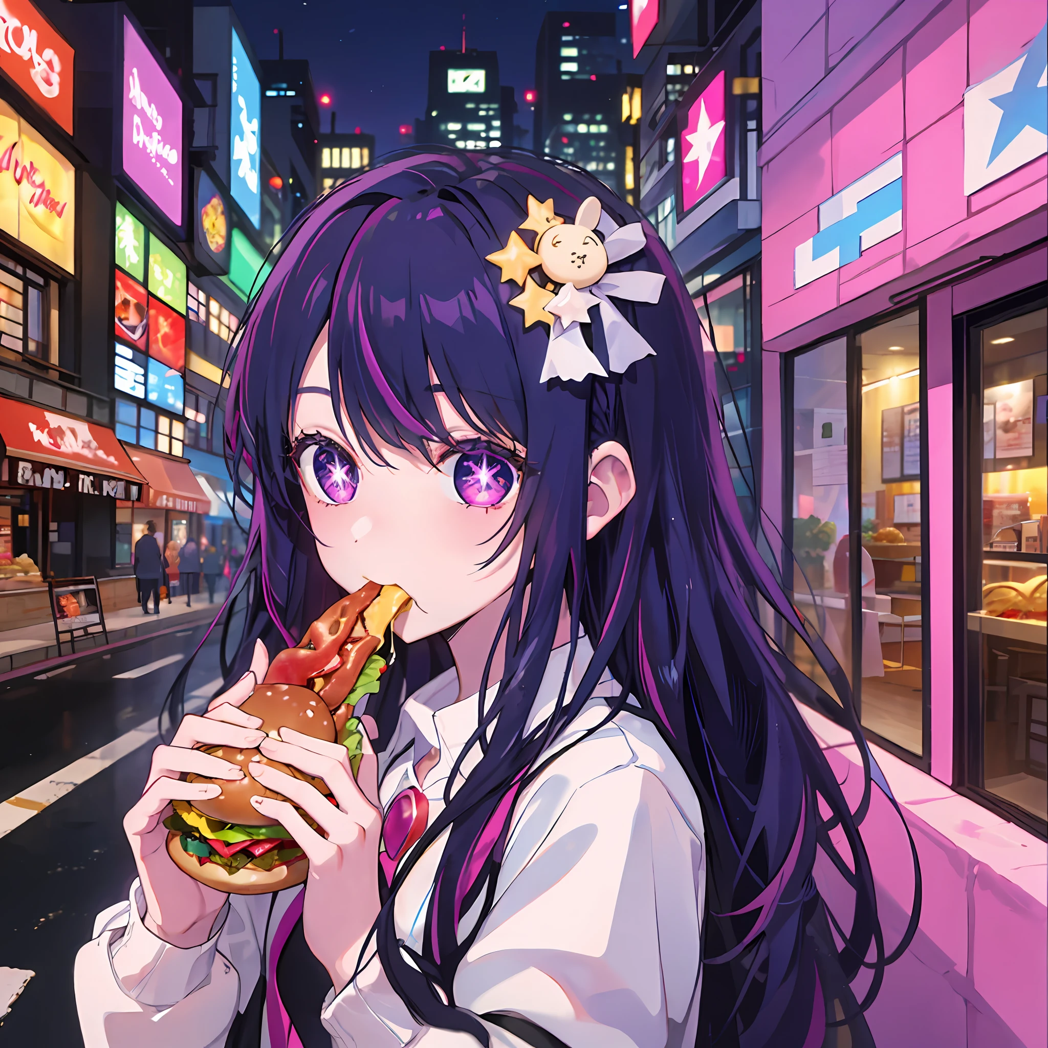 Hoshino Ai, long hair, purple hair, streaked hair ,purple eyes, star-shaped pupils, hair ornament, (eating a hamburger at a hamburger shop on the street)