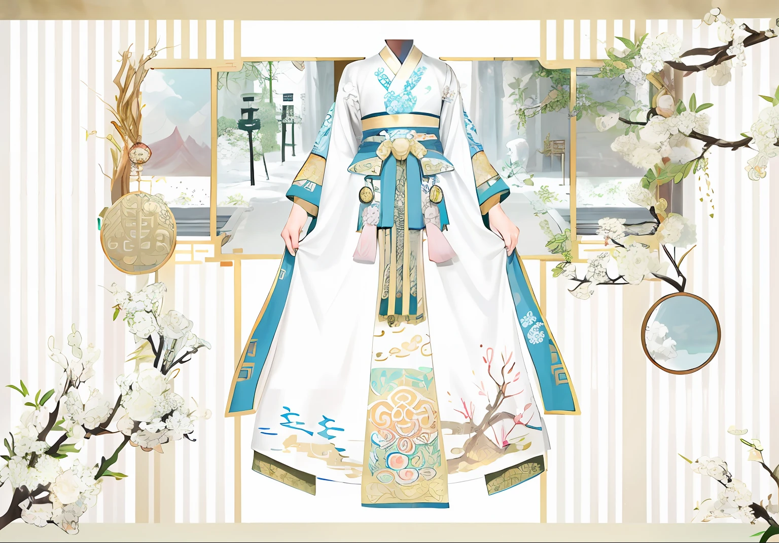 a close up of a dress with a tree and a mirror, Palace ， a girl in hanfu, Hanfu, chinese costume, Traditional Chinese clothing, inspired by Guo Xi, ancient chinese princess, white hanfu, wearing ancient chinese clothes, inspired by Yun Shouping, cheongsam, inspired by Qiu Ying, imperial royal elegant clothing