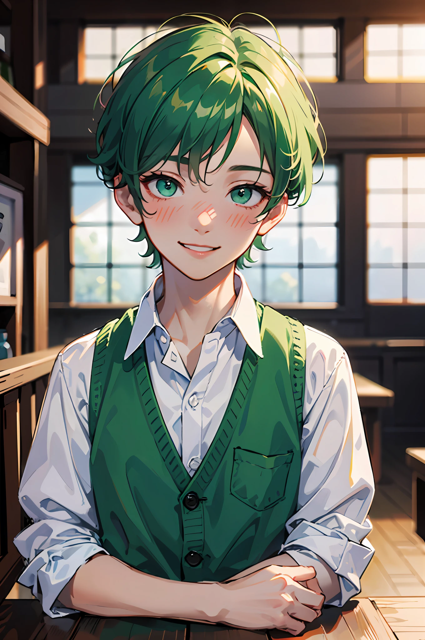 master masterpiece、best-quality、8K、One Boy、Mosamosa's short hair、16 years old、white shirts、vest、Big green eyes、blushed、smilling face、profile、
