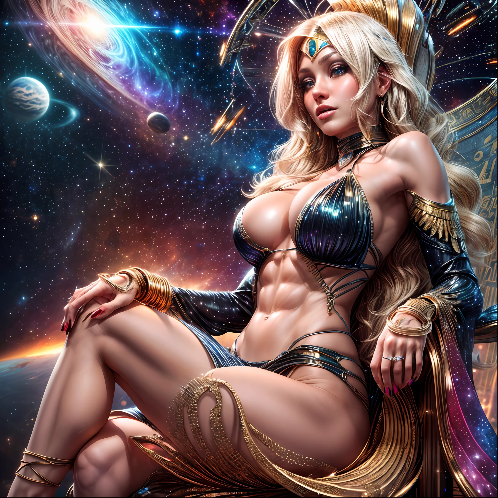 (Hyper Realistic, best quality),8k,(realistic, photo-realistic:1.3), Masterpiece,ultra high res, Stunning, ((35 years old Brazilian Milf Woman:1.3), (Suntan-Skin:1.3), (Athletic_Body-ABS:1.3), (fleshy luscious lips:1.3), (Sitting on a Intricate Futuristic Throne on Space Galaxy:1.3)), ((Gorgeous Long Curly Hair:1.3), (Blonde Hair:1.3)), (???? Egyptian Jewels Cut Dress with Intricate Galaxy Bioluminescen Effects Long Sleeves:1.3), (high detailed skin:1.3), (Cleft_Chin:1.3), (Pubic Hair:1.3), ????????????, Cleavage, (Perfect Face:1.3), (beautiful detailed eyes:1.3), naughty face, looking at viewer, ????, full-body,natural lighting, (Film grain, Fujifilm XT3, 8k uhd, dslr, Lens), hollywood lips, wide jaw line, wide lips, narrow beautiful nose, Cinematic, Hyper-detailed, insane details, Beautifully color graded, Unreal Engine, DOF, Super-Resolution, Megapixel, Cinematic Lightning, Anti-Aliasing, FKAA, TXAA, RTX, SSAO, Post Processing, Post Production, Tone Mapping, CGI, VFX, SFX, Insanely detailed and intricate, Hyper maximalist, Hyper realistic, Volumetric, ultra photoreal, ultra-detailed, intricate details, Super detailed, Full color, Volumetric lightning, HDR, Realistic, Unreal Engine, 16K, Sharp focus, octane render