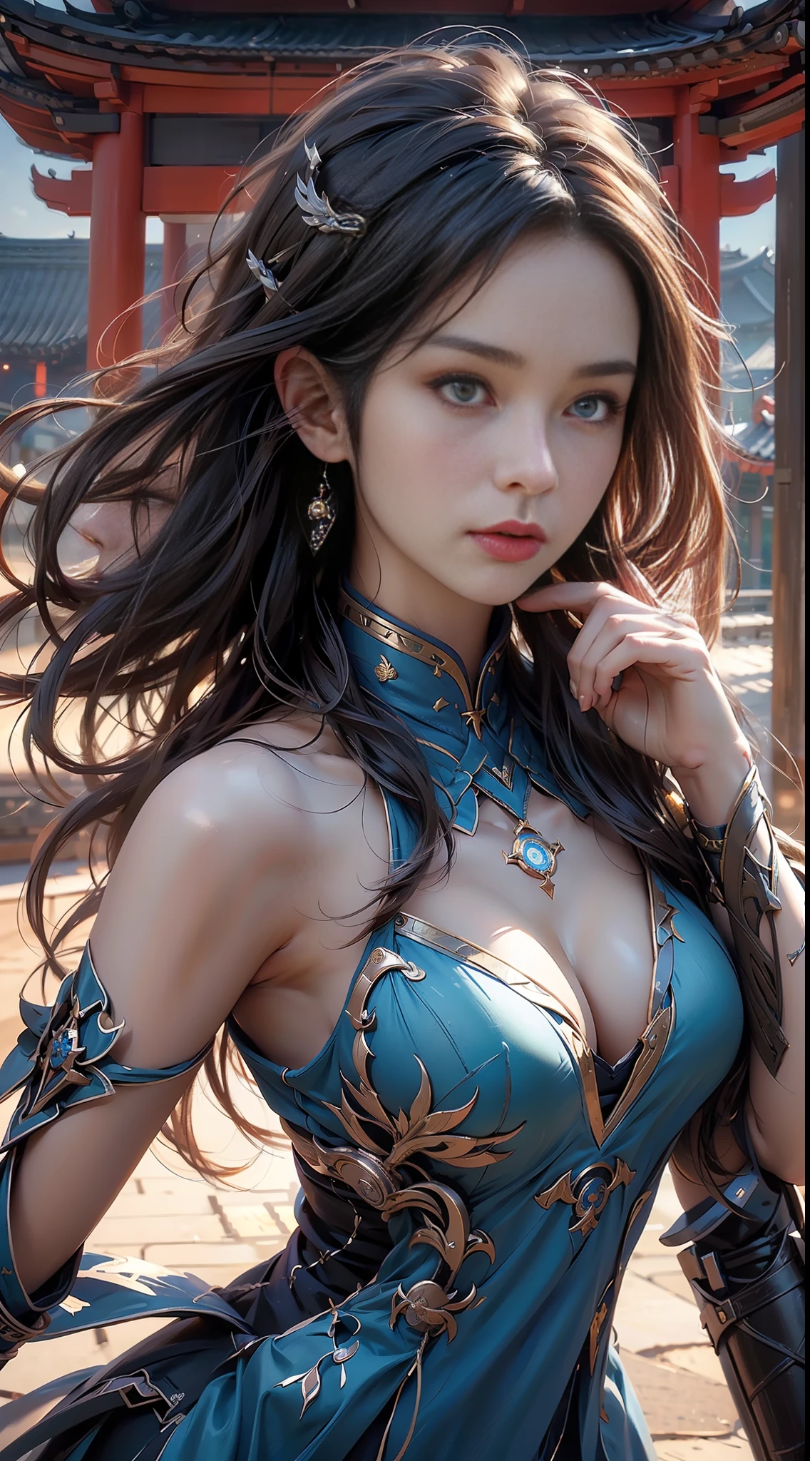 Best quality,masterpiece,ultra high res,(photorealistic:1.4),xiuxian,weapon,Detailed face,.1girl,solo,weapon,cleavage,(magic circle:1.2),xiuxian,upper body,Beautiful girl,full body,east asian architecture,sheath,architecture .