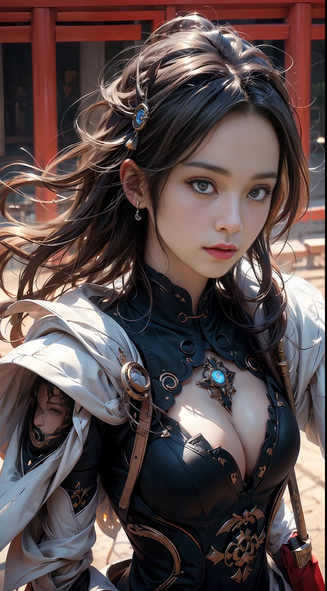 Best quality,masterpiece,ultra high res,(photorealistic:1.4),xiuxian,weapon,Detailed face,.1girl,solo,weapon,cleavage,(magic circle:1.2),xiuxian,upper body,Beautiful girl,full body,east asian architecture,sheath,architecture .