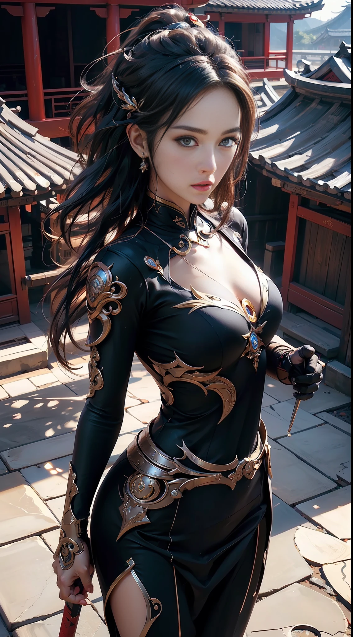 Best quality,masterpiece,ultra high res,(photorealistic:1.4),xiuxian,weapon,Detailed face,.1girl,solo,weapon,cleavage,(magic circle:1.2),xiuxian,upper body,Beautiful girl,full body,east asian architecture,sheath,architecture  .