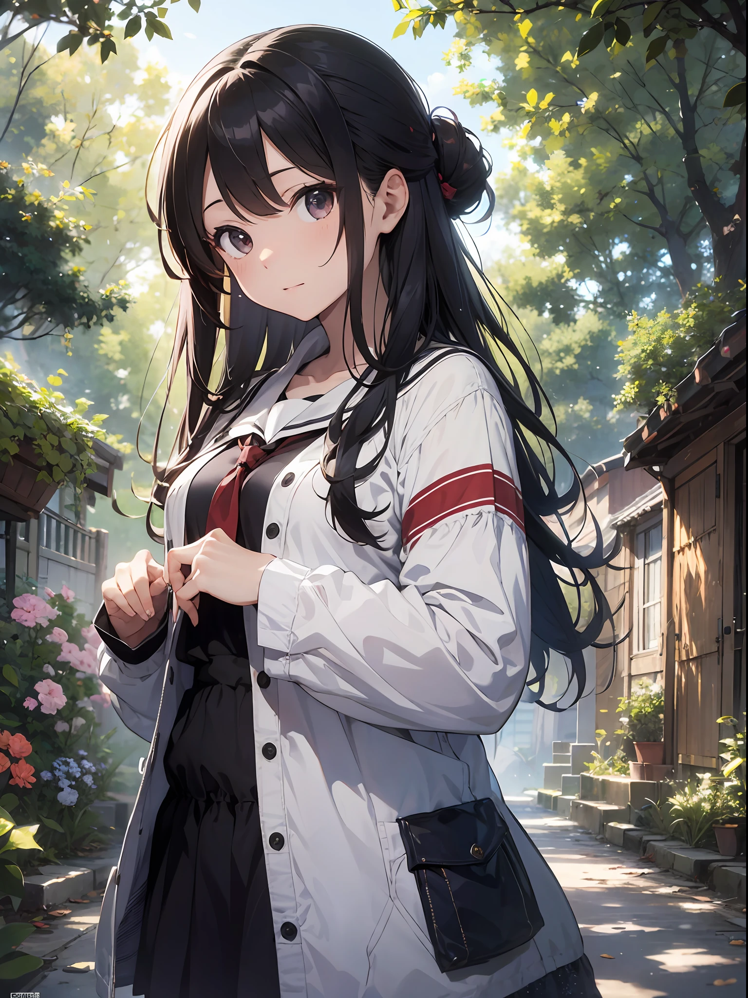 (master masterpiece、best-quality、highest、Official Art、Beautifully Aesthetic:1.2)、(master masterpiece、best-quality、best-quality、Official Art、Beautifully Aesthetic:1.2)、(master masterpiece、best-quality、best-quality、Official Art、Beautifully Aesthetic:1.2)、(1girle:1.3)、highly detail、(Fractal Art:1.3)、colorfull、Supreme Details、「Girl Wizard from Another World」This painting titled、It depicts a girl manipulating magic in an exclusive castle garden。 A beautiful otherworldly castle spreads out in the background、The garden there is、It creates an atmosphere as if it has opened a door to another world..。 At the center of this scene is、Japan standing in elementary school unifonnocent and、It has an expression that makes you want something strongly。In her hand is a luxurious wand.、From that wand is emitting mighty magical powers。Its energy is very powerful、A beam of light makes a large trajectory in the sky。The eyes are developed, realistic and detailed.。The brilliance of the pupil impresses with the strength of the life force。Beautiful fingertips、Shaped like a pianist, and even the nails are reproduced in detail.々Fascinates。 The charm of this painting is、The powerfulness of the girl and the beauty of the garden、E、It skillfully captures the atmosphere of another world.。E、The girl's facial expressions and movements are very realistic.、It has the power to draw the viewer into the moment。 In addition、the light and shadow production is also stunning。The beam of light emitted by the cane is、Illuminate the gardens and castle、pure、Creates a sense of distance from the visible light source to the girl.。Quality produces realistic images、It can convey visual beauty and story appeal at the same time。 This is、Not only visually appealing works、It is a work that further enriches the visual experience by drawing a story.。We think about the theme to the fullest。 The reason is、With its high degree of perfection and、The efforts and passion of artists who were