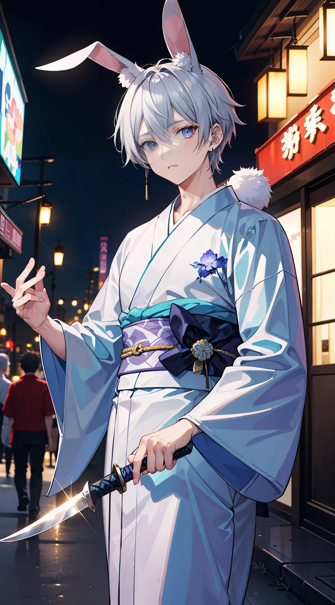 Rabbit　ear　Masculine　Silver Hair　Blue kimono　serve　night　street　Adonis　knife