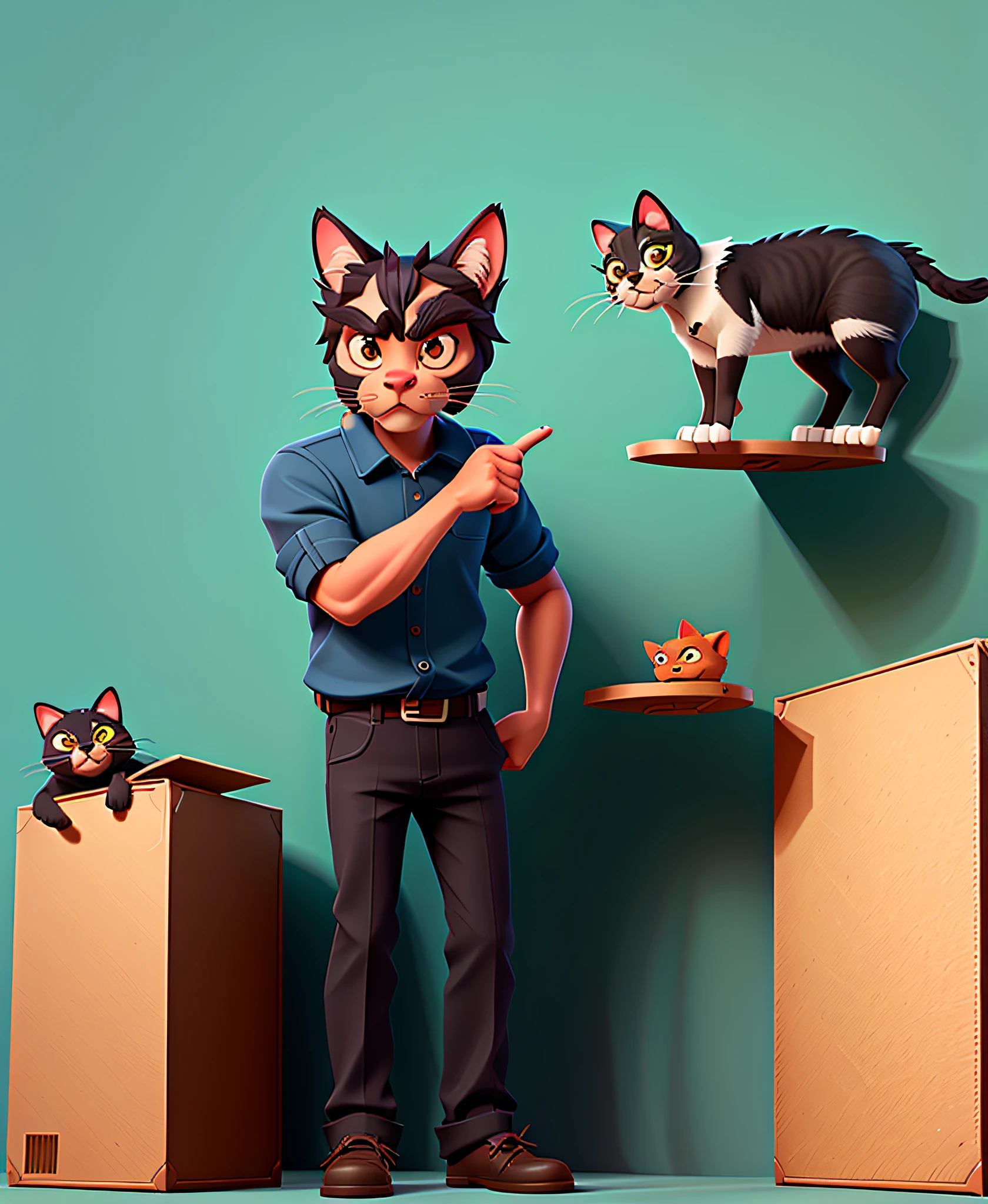 there is a cat that is standing on top of a box and a man pointing at it, cardboard cutout, human cat hybrid, an antro cat, funny illustration, illustration of 2 cats, superhero with a cat head, anthropomorphic cat, illustration of a cat,