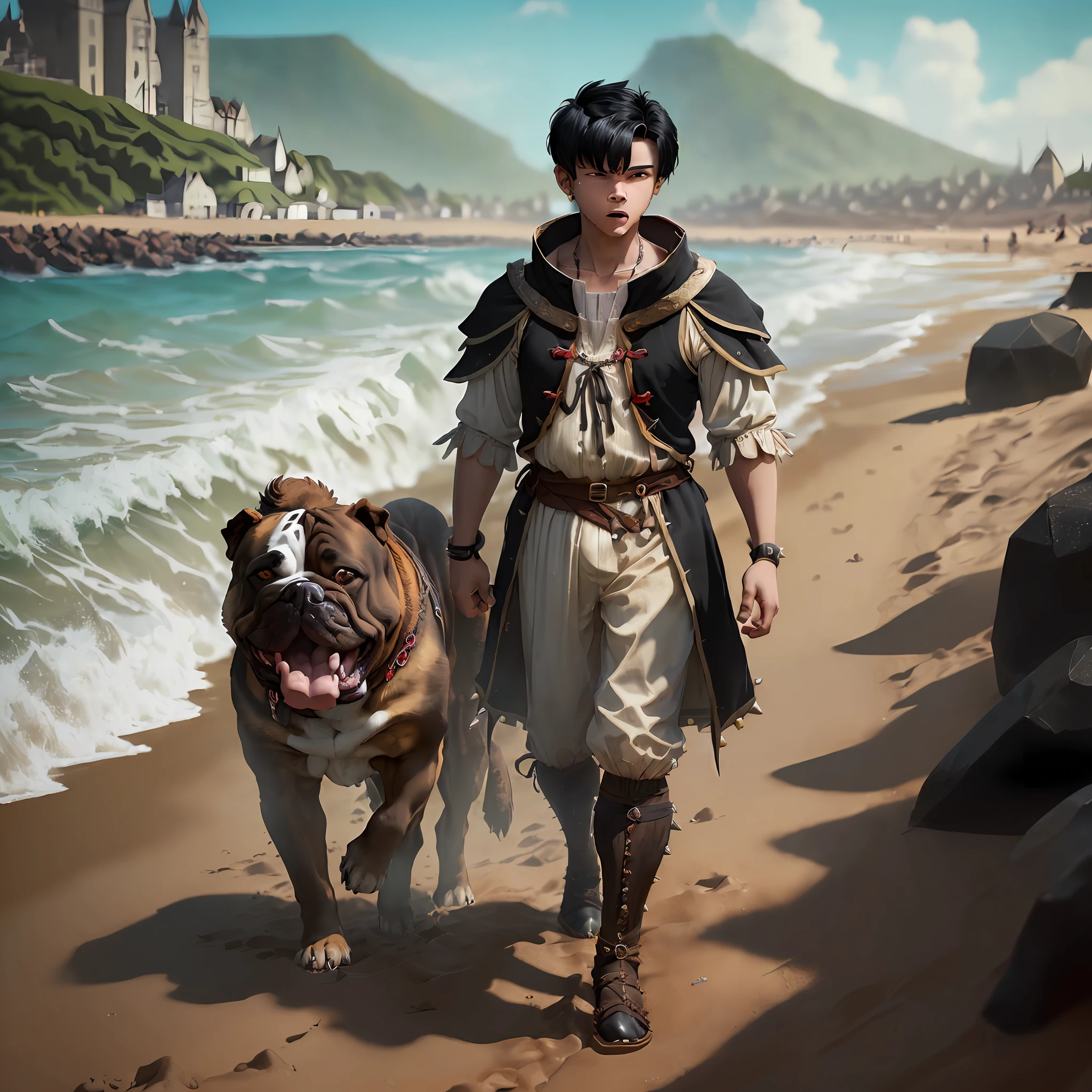 ((( a crazy 14 year old evil age boy wearing medieval beach wear, short Black hair ))) ( walking A Giant ferocious brown bulldog with a spikey colla ))) ( on the beach ) , vector, cinematic render --auto --s2