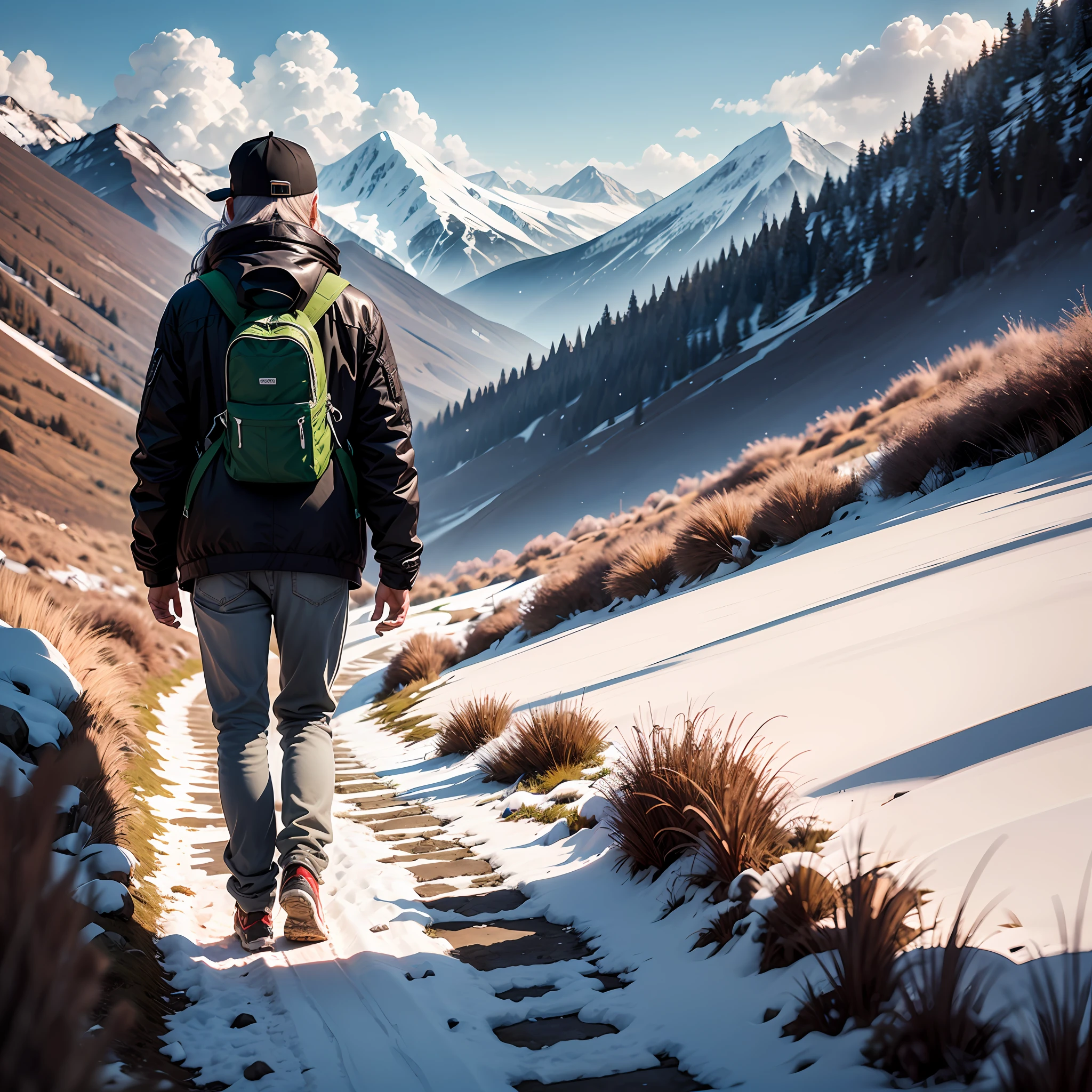 There is a narrow, winding mountain path flanked by gentle grassy fields that are a beautiful shade of green. In the distance, there is a tall mountain covered in white snow, beneath a blue sky filled with white clouds. Walking along the path is a solitary man carrying a large black backpack. He wears a black coat, black pants, and a black cap. The man's white long hair is visible over his shoulders along with the backpack. He faces away, and there are no man-made objects in sight. The photo has a high image resolution that resembles a landscape photograph.