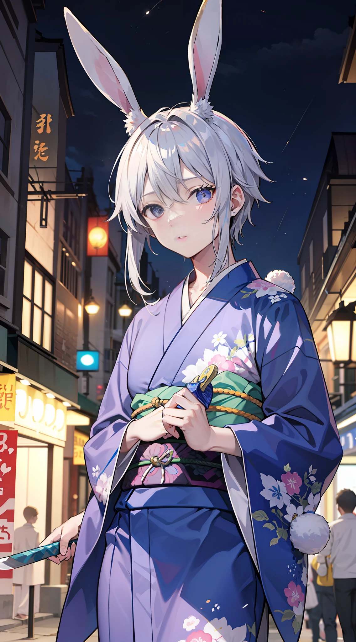 Rabbit ear Masculine Silver Hair Blue kimono serve night street Adonis knife