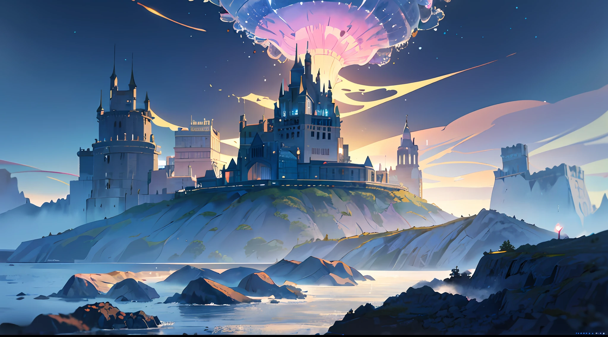 Masterpiece, High Quality, Ocean Forest, City, Fantastic Fantasy, Glowing Plants, Coral Viaduct, (Swarm of Glowing Jellyfish), (Shoal of Fish with Transparent Wings Flying in the Sky), Misty, Extreme Detail, Morning Light, Epic Composition, (Intricate Detail), (Intricate Design, Ultra Detail: 1.2), Art Station, (Masterpiece, Best Quality), Ultra HD, 32k ,castle,relic --v 6