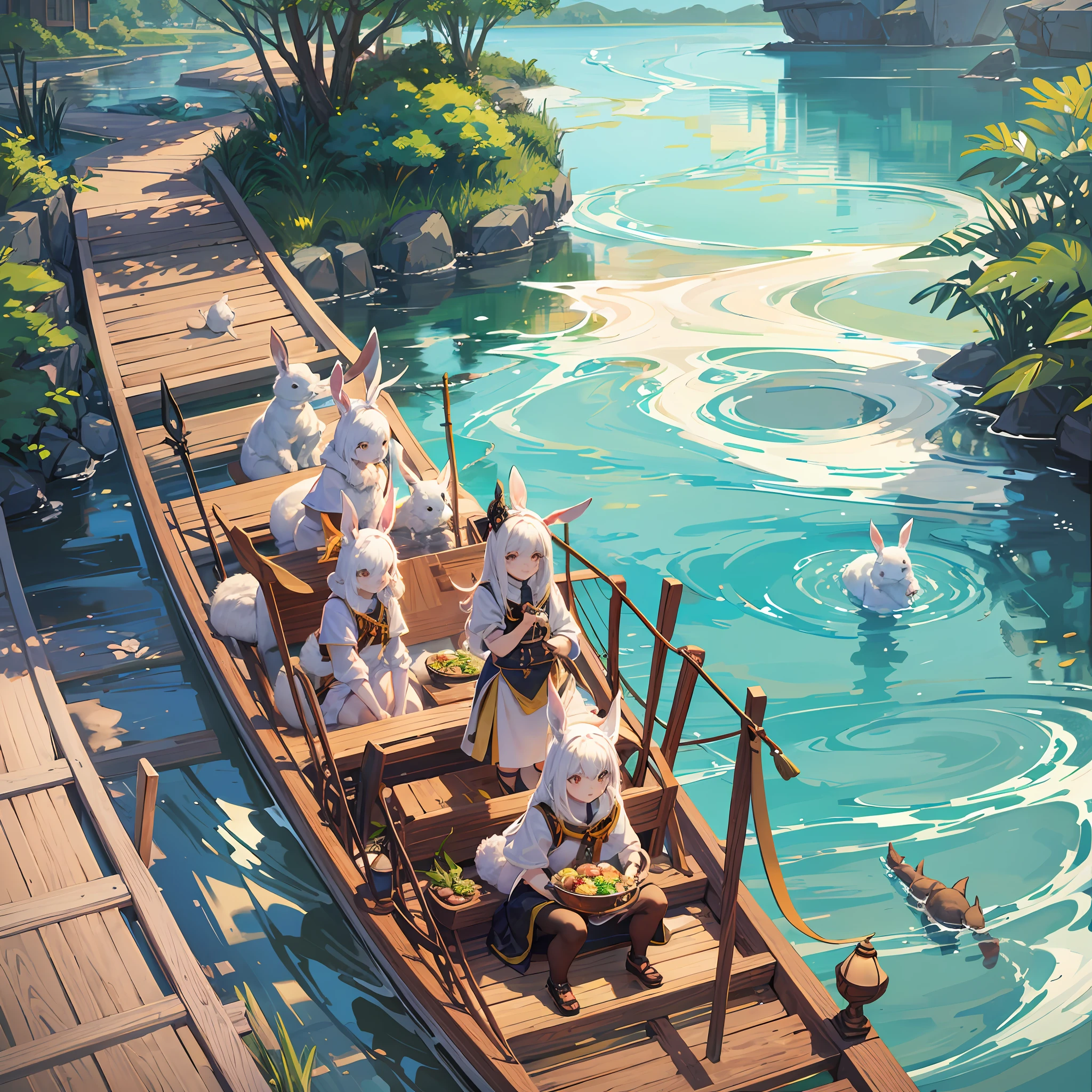 HD graphics. A group of rabbits on a dragon boat on the lake. --auto --s2