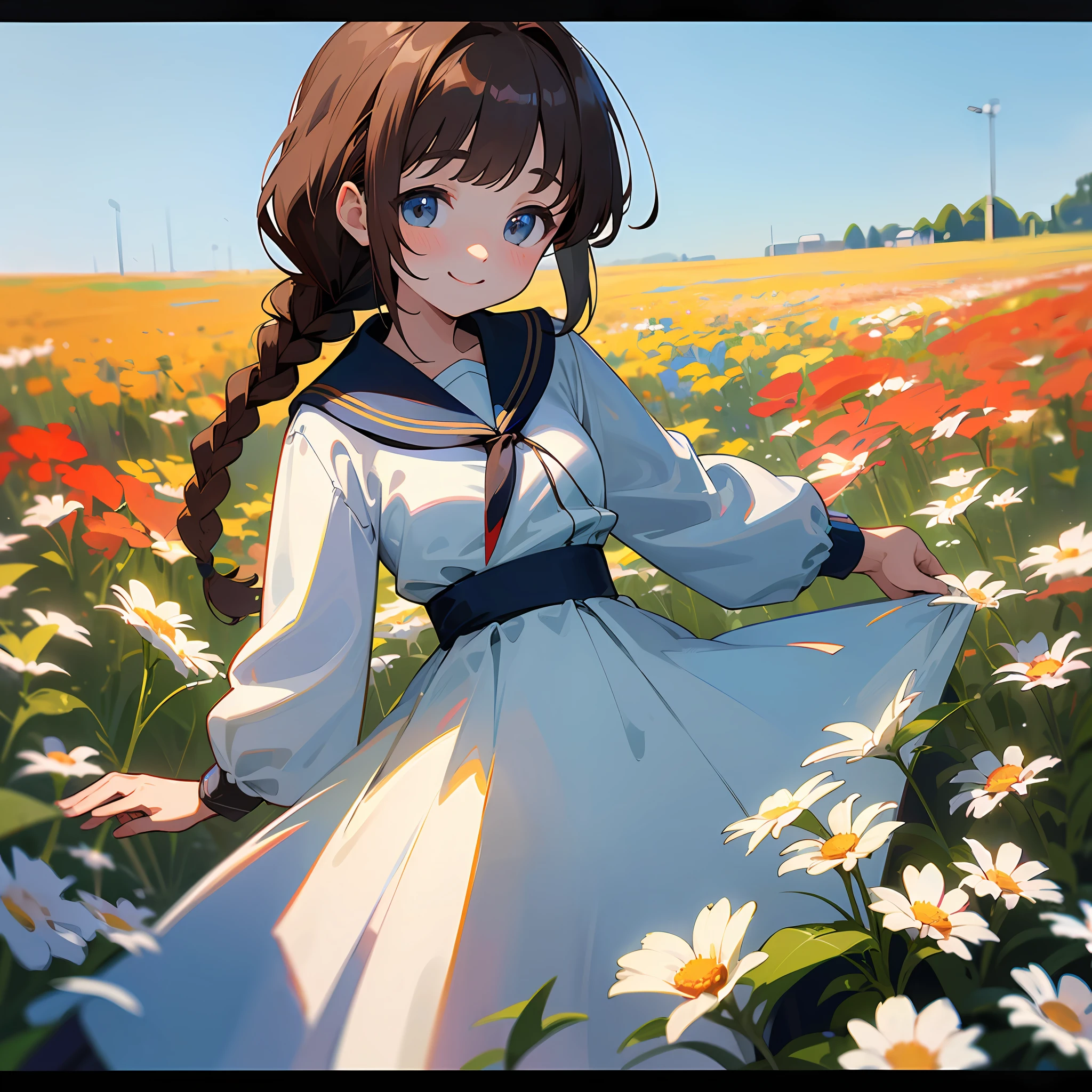 ((best-quality、8k、master masterpiece:1.3))、1girle、smilling face、total body、Braids、Brown hair、cuddly、slimness、white shirts、Navy blue skirt、flower fields、clear weather、 --auto