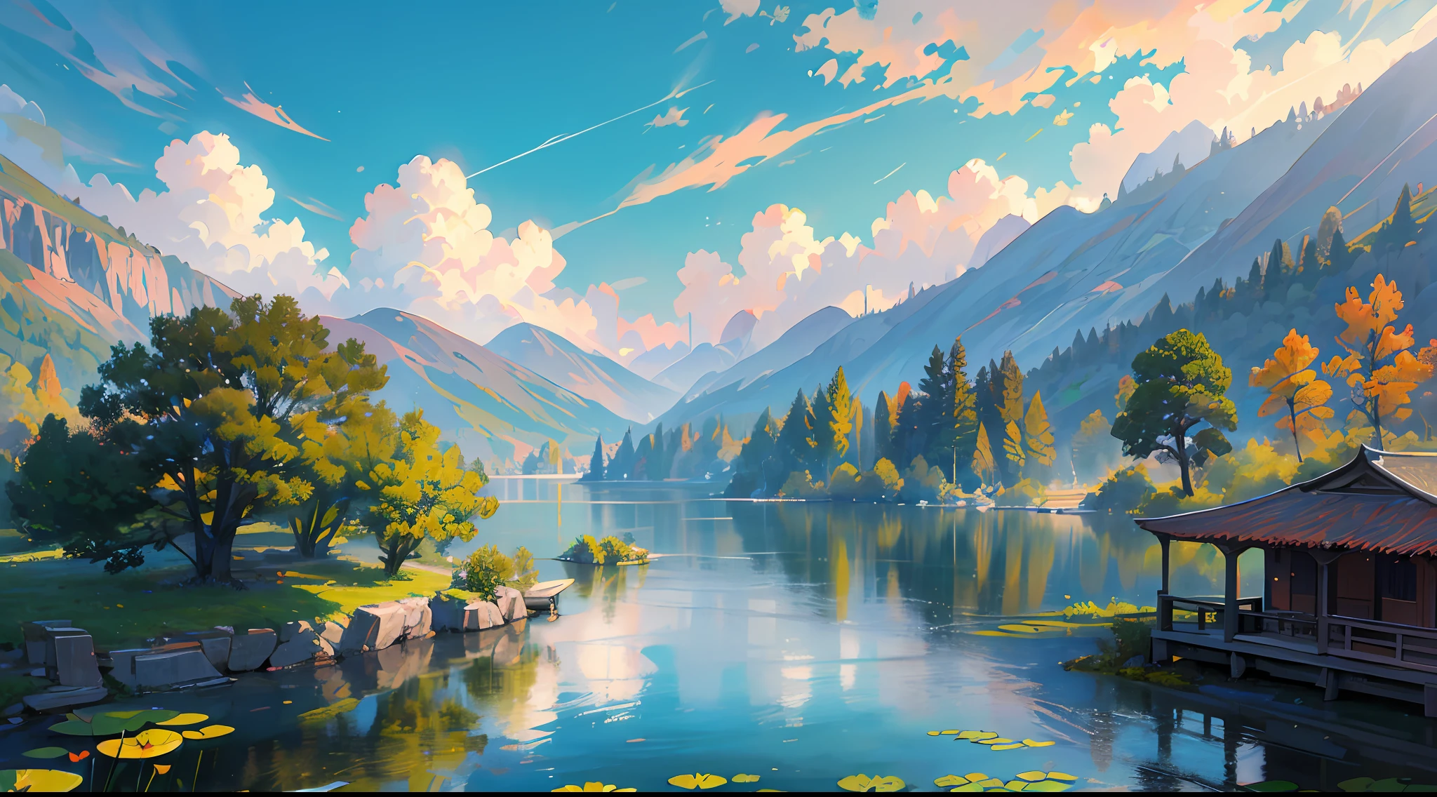 (Masterpieces:1,2),best quaity,(RAWExtremely detailed,Intricate details:1.2),2girls,Hanfu,trees,lotus flower,watercraft,aqua,mountain,scenery,sky,out door,,(Overhead shots:1.2),Face details