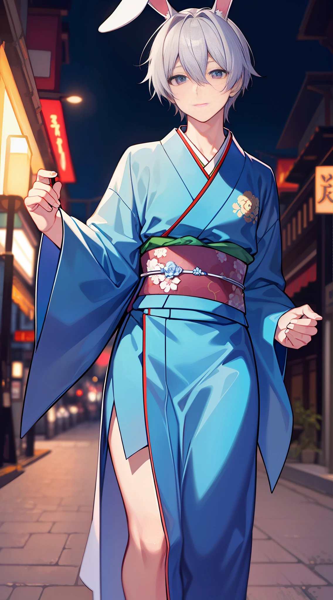 Rabbit　ear　Masculine　Silver Hair　Blue kimono　serve　night　street　Adonis　knife