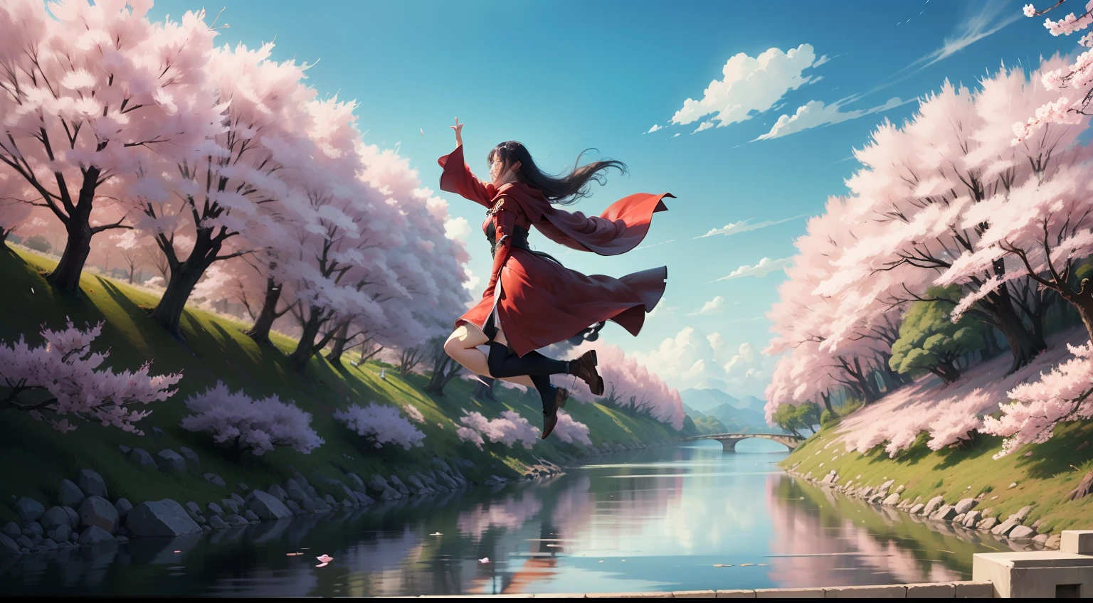 On the river、Cherry trees on both sides、Woman in red cloak flying in the sky、