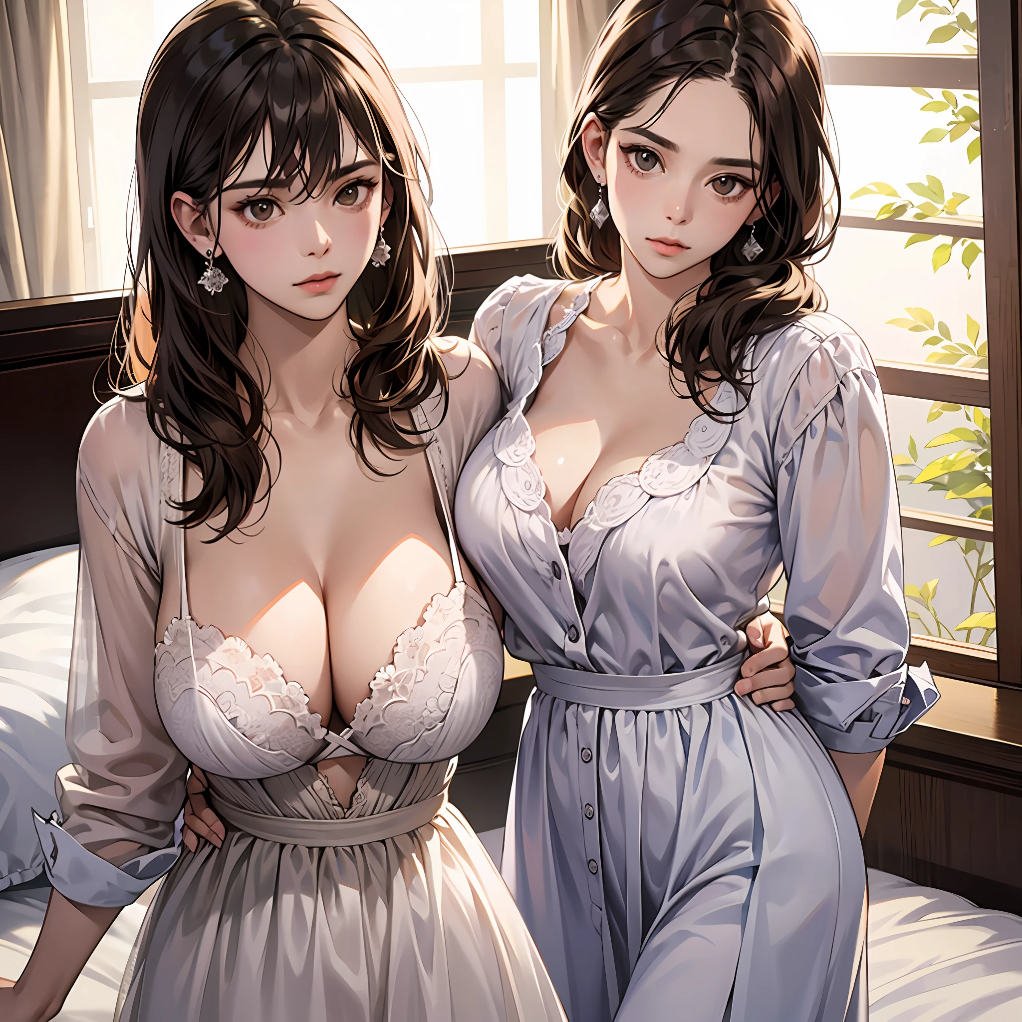 Nikon RAW Photos、8 K、Fujifilm XT3、master masterpiece、best-quality、Real、photo-realistic、ultra- detailed、1girle、solo、Diamond Stud Earrings、Brown hair、Hazel eyes、Serious Expression、White dress shirt、White blouse、Standing in the bedroom、saika1、Beautiful breasts、White bra、cleavage of breast、Sexy、Mature women、baby face --auto