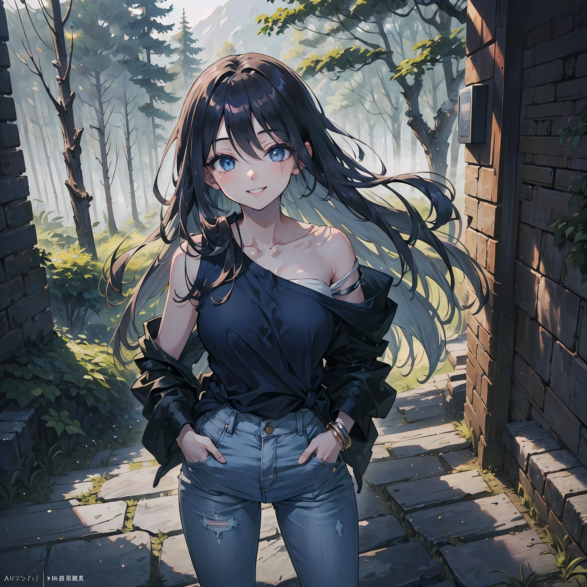 pretty girl sitting on bricks, (1girl:1.3), bangs, absurdres, bracelet, bare shoulders, ( black t-shirts + white parka +dark navy jeans),ultra detailed, Blue eyes,slender, masterful technique, joints, long hair, animetic, solo, Dark hair, high quality, masterpiece,detailed dimly lit forest、Gray sky、mist、(lovely large breasts + wide hip),[wide hip] Put your hands in your pockets ,smile with teeth, ((smile with eyes, open right eye, wink left eye)),beautiful girl, detail face, detail hands, ultra detail eyes,sexy facial expression,around fresh nature and vivid flowers. --auto