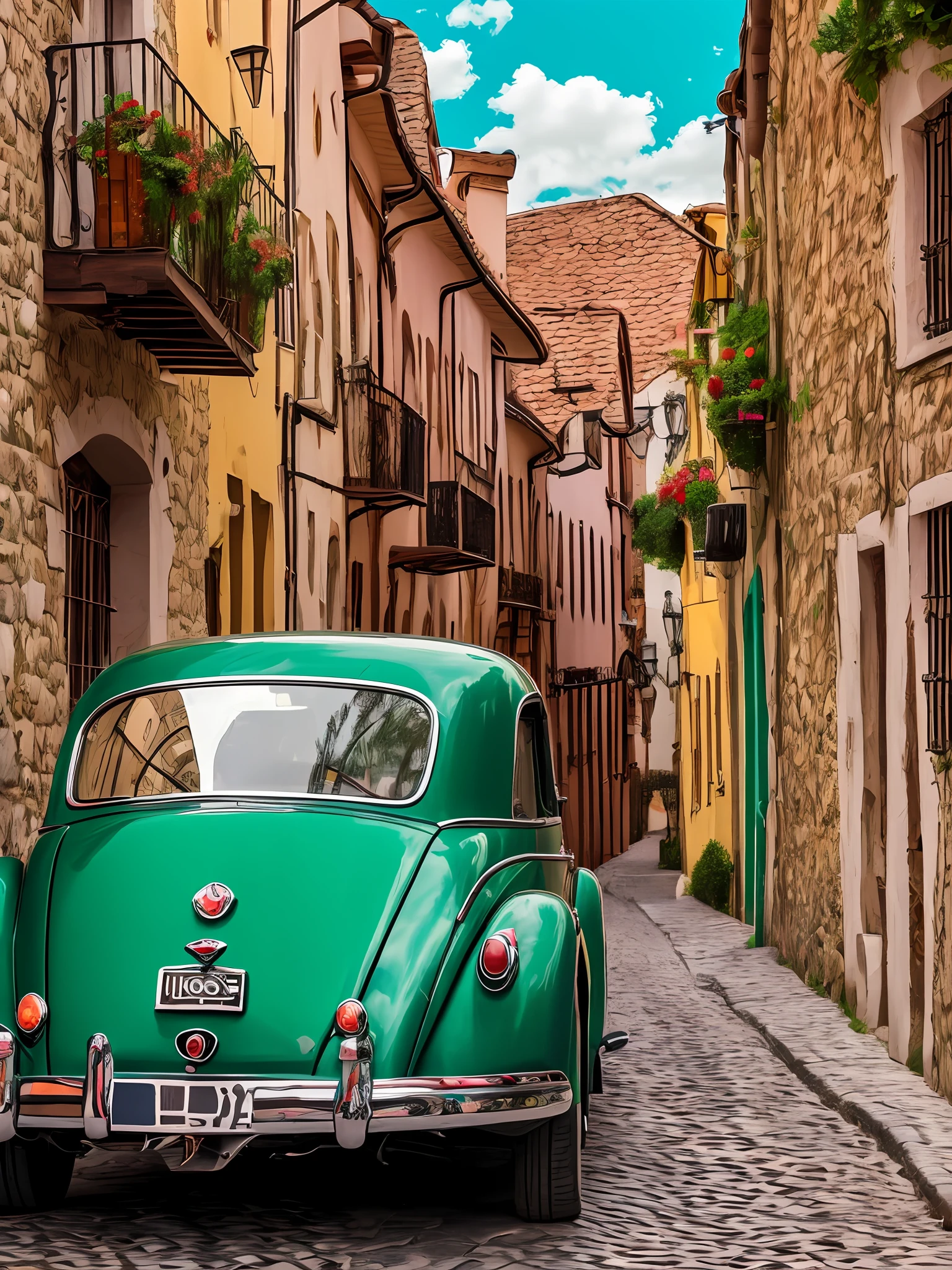 an American old vintage car drives down a cobblestone street, in the style of cultural motifs, vacation dadcore, transavanguardia, working-class empathy, hispanicore, ambitious, dark green and sky-blue --auto --s2