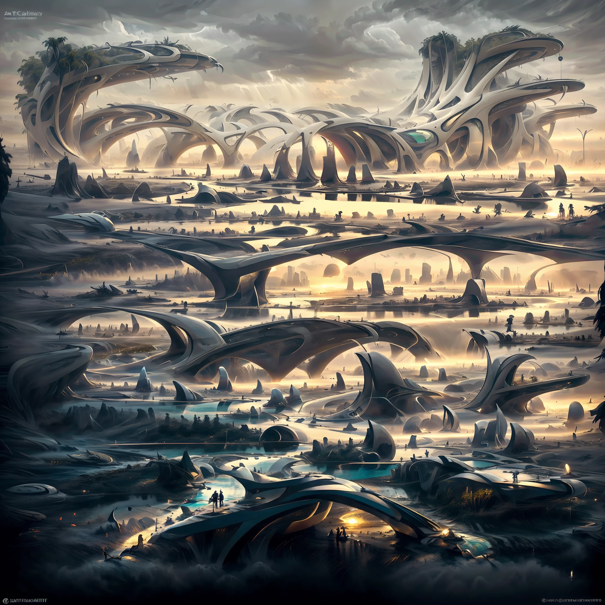 Futuristic design of an awesome bloody night environment concept art on a futuristic forest terrain with huge waterfalls, streams,sacred grooves, nature architecture, proportional,detailed, dark, bright clouds, nature meets futuristic architecture by Santiago Calatrava and Vincent Callebaut  with Wes Anderson village, devastated area, futuristic development, high rise made up staircases, balconies, full of composite glass facades, biomechanical spaces carved from cliff side ,trending on artstation, horror art, In the style of Andreas Achenbach and Norman Ackroyd masterpiece, unreal engine, intricate, award winning, 4k, highest quality