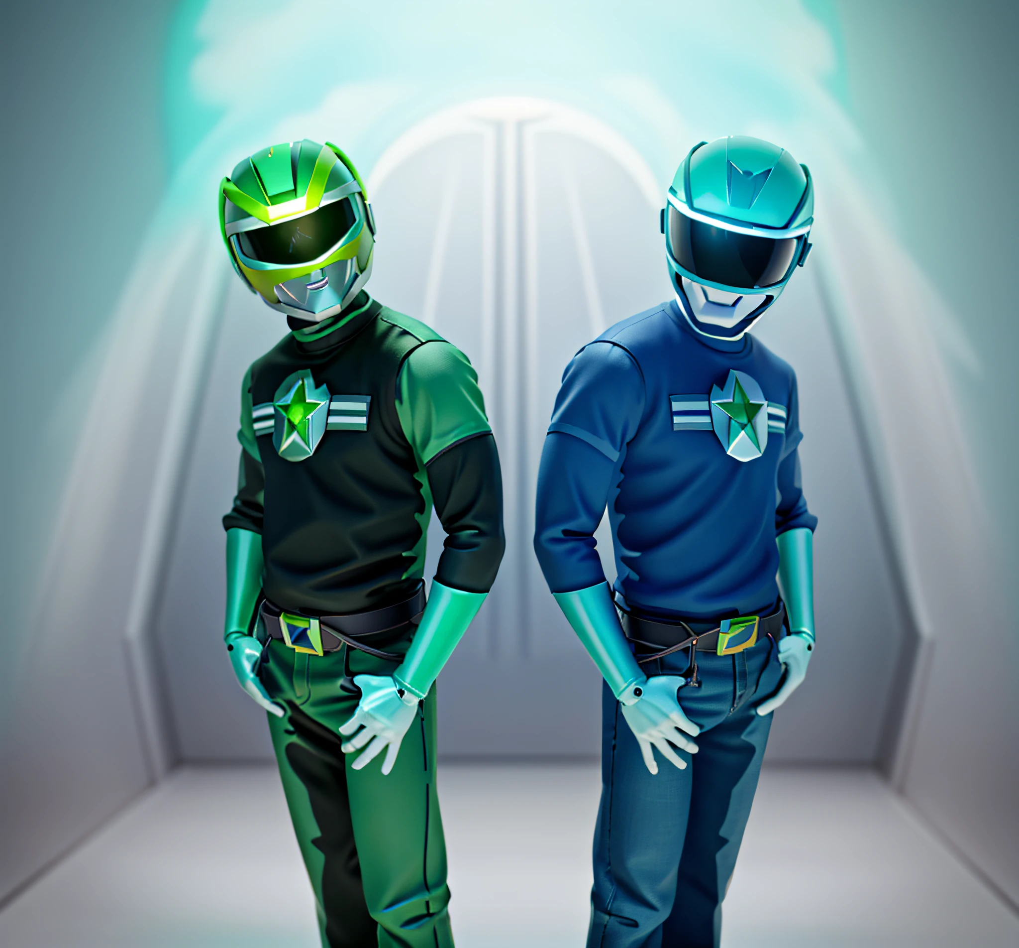 There are two people in green shirts and blue jeans with helmets, Power Ranger, with futuristic gear and helmet, [ Digital Art, Character Design Police Man, Digitally Colored, Daft Punk, Glowing Eyes in Helmet, Zordon from Power Rangers