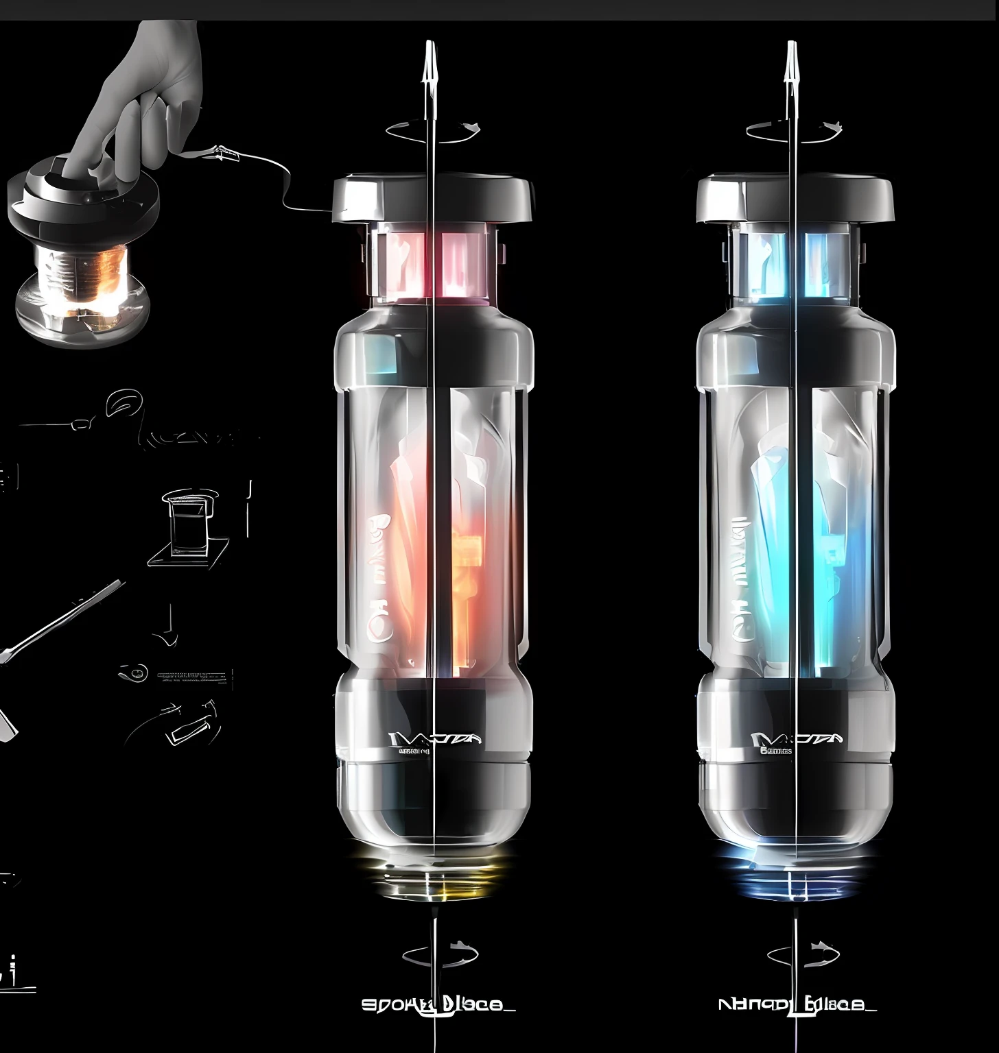 There are three different types of glass bottles，With different designs, body full glowing vacuum tubes, concept art by theCHAMBA | dyson, nixie tube, industrial design concept, vacuum tubes, nixie tubes, glowing tubes, bio-mechanical bio-luminescence, tesla coils, vials, product design shot, author：Elias Ravanetti, Mechanoluminescence --auto
