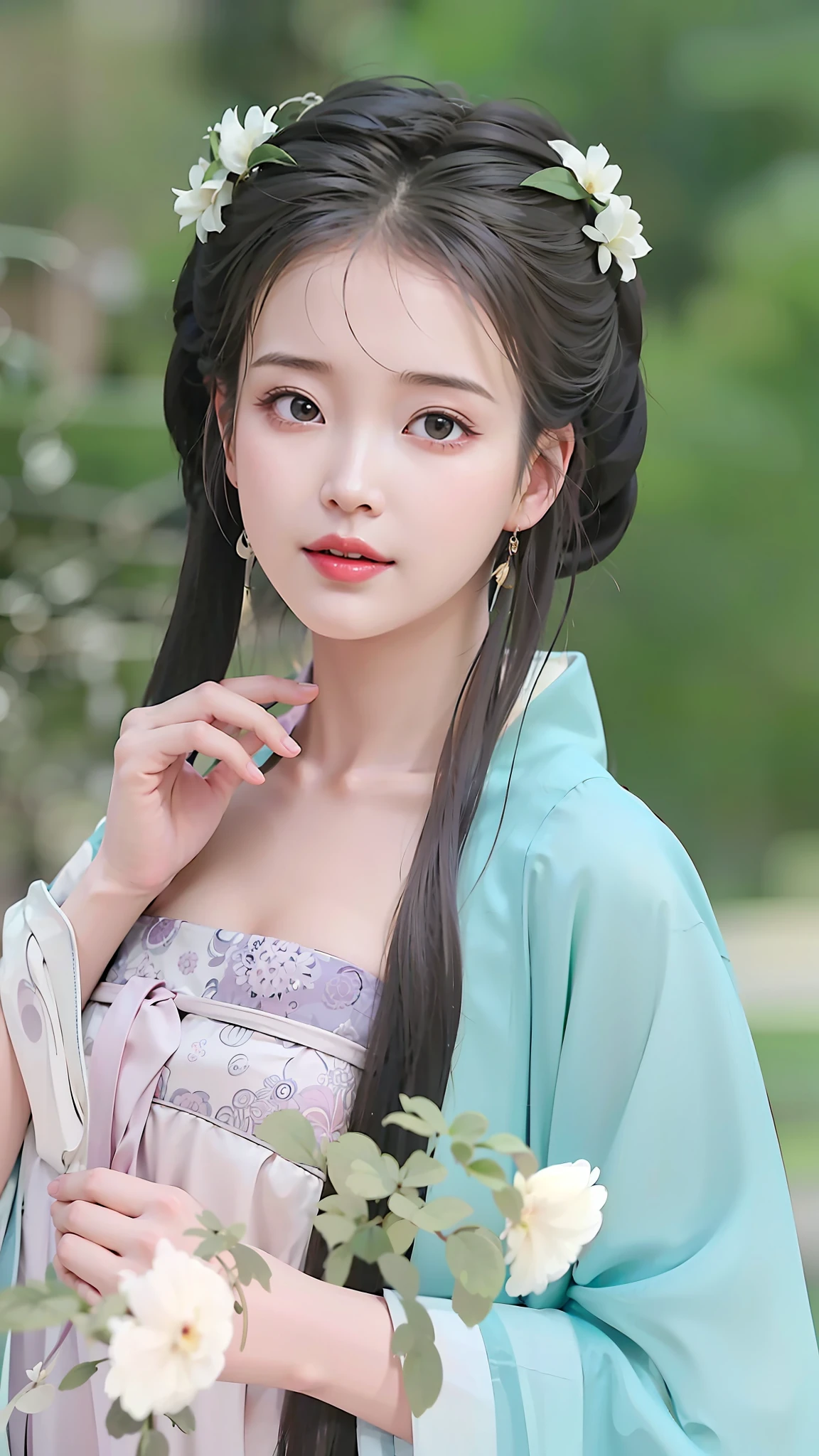 a close up of a woman in a blue dress holding a flower, Palace , a girl in hanfu, gorgeous chinese model, traditional beauty, ancient chinese beauties, cute delicate face, Chinese girl, Chinese style, ruan jia beautiful!, wearing ancient chinese clothes, Beautiful rendering of the Tang Dynasty, with acient chinese clothes, extremely beautiful face, Very Beautiful Face