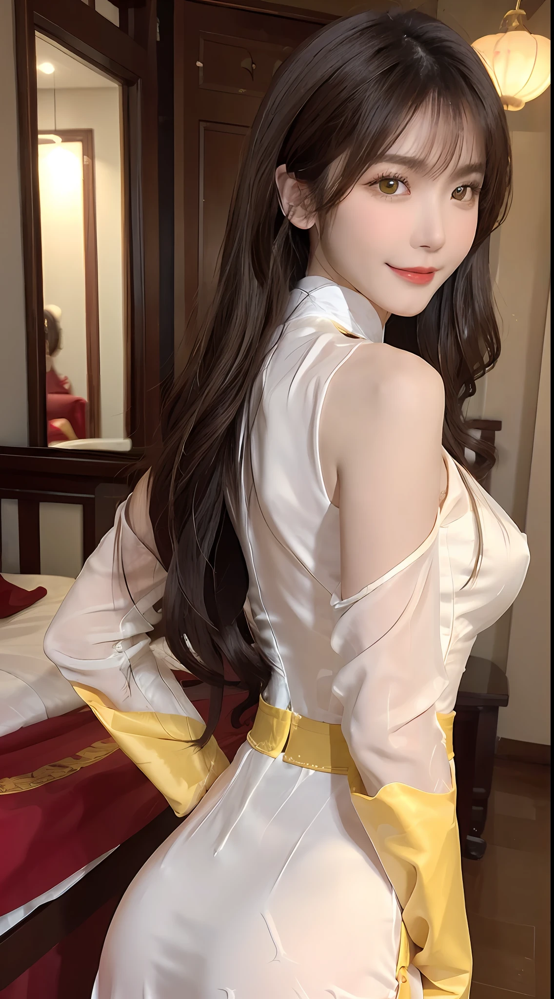 1 very pretty girl, solo, 27 years old, girl wearing bridal ao dai, long dress and hair jewelry, young girl wearing white ao dai, red and yellow silk pants, red and white hugging ao dai, thin ao dai fabric, wearing with ao dai, luxurious and mysterious dark color version, hair jewelry with many sophisticated patterns, head jewelry, red lips, thin and beautiful lips, captivating smile, beautiful details, detailed background detailed, super detailed, magic lighting, nice lighting effects, clear face, shoulder length hair, beautiful and well proportioned face, (transparent yellow eyes : 1.8), big round eyes and very beautiful and meticulous, wearing a silk dress, mysterious makeup, jewelry on ao dai, bangs flat and dyed in light yellow, medium-sized, even breasts, big buttocks, flat stomach, body curves perfect girl, girl's portrait, upper half, hanging, Real and alive, (stars: 1.7), (sky of the zodiac: 1.8), fiction , RAW photos, Vietnam Ao Dai photos, beautiful photos best, 8k, best quality 8k photo, surreal, most realistic,
waiting to start