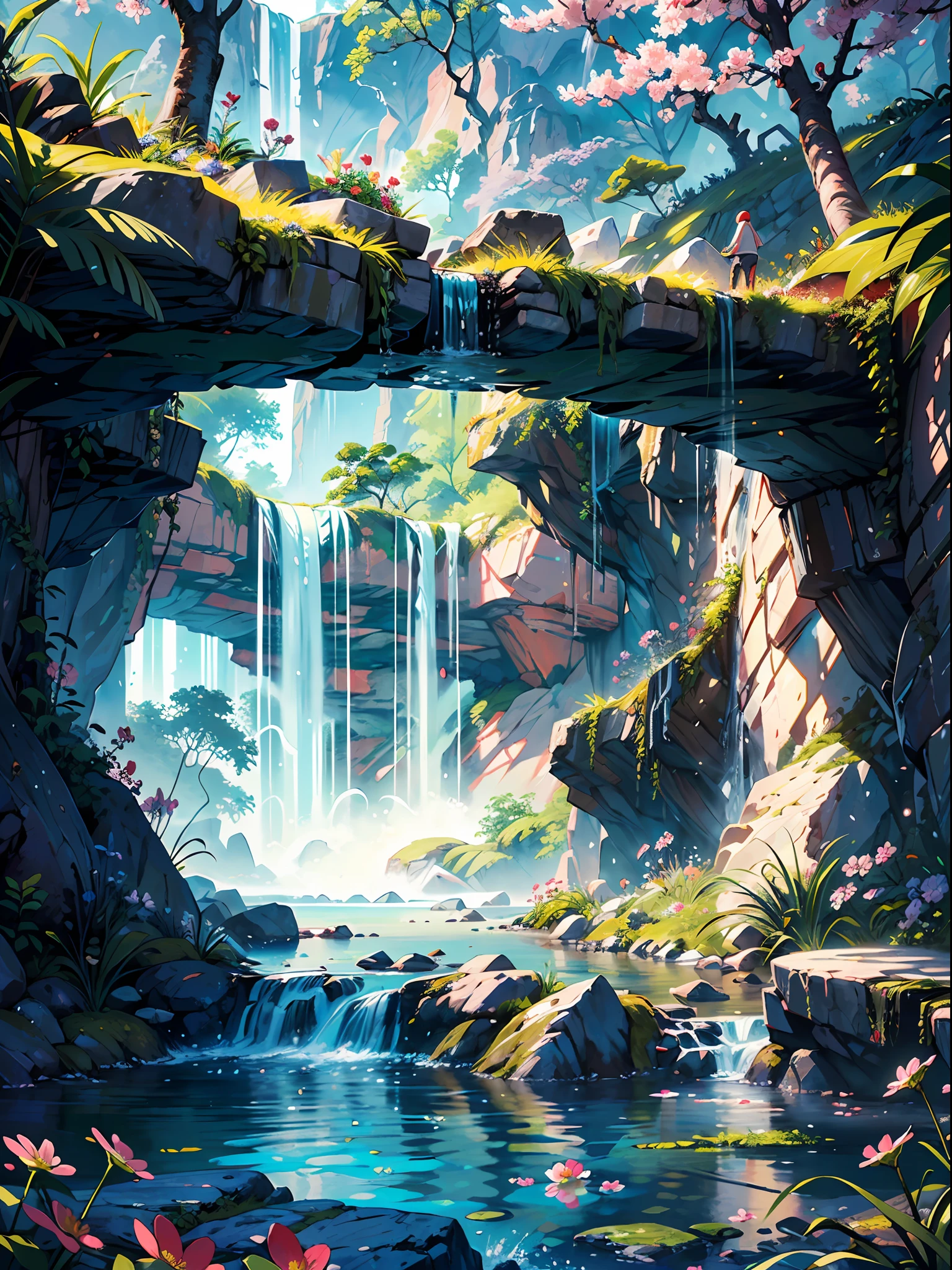 A painting of a waterfall in a forest with a bridge - SeaArt AI